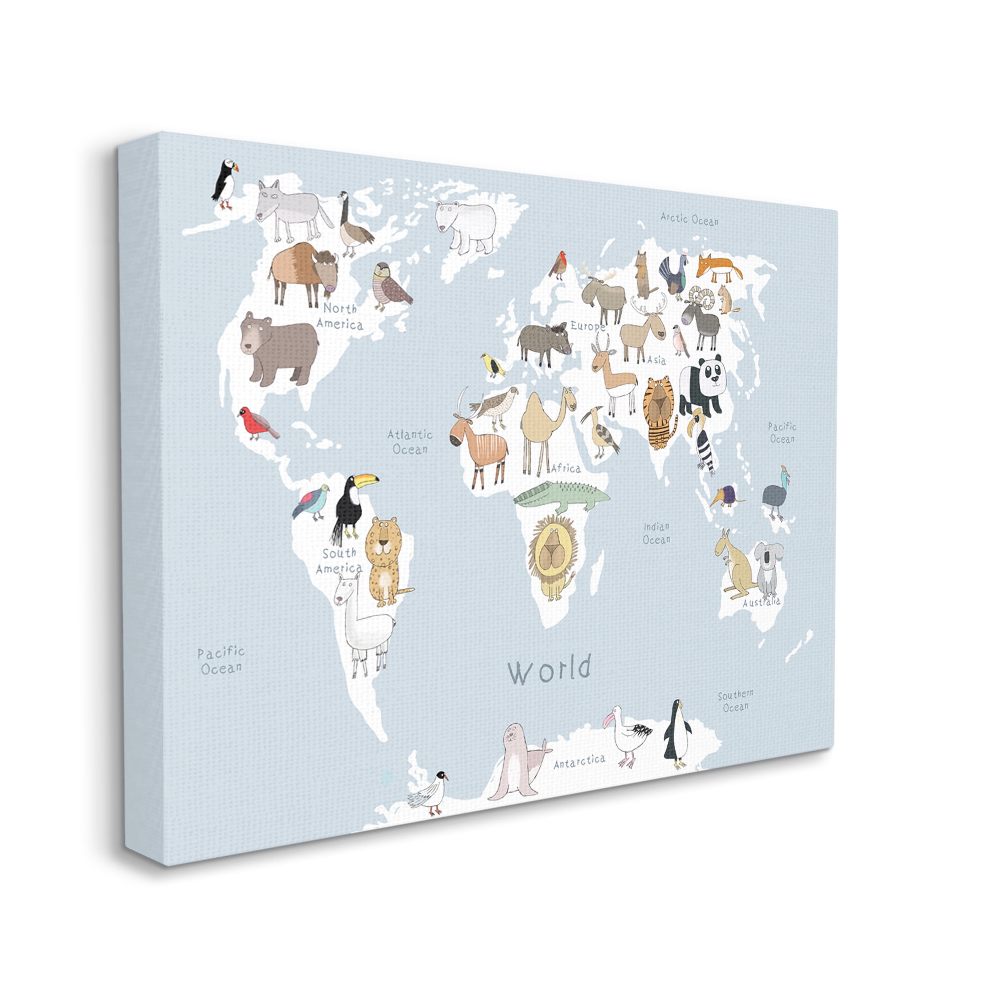 Stupell Industries Children's Animal World Map Playful Illustration Light Blue, 36 x 48, Designed by Carla Daly