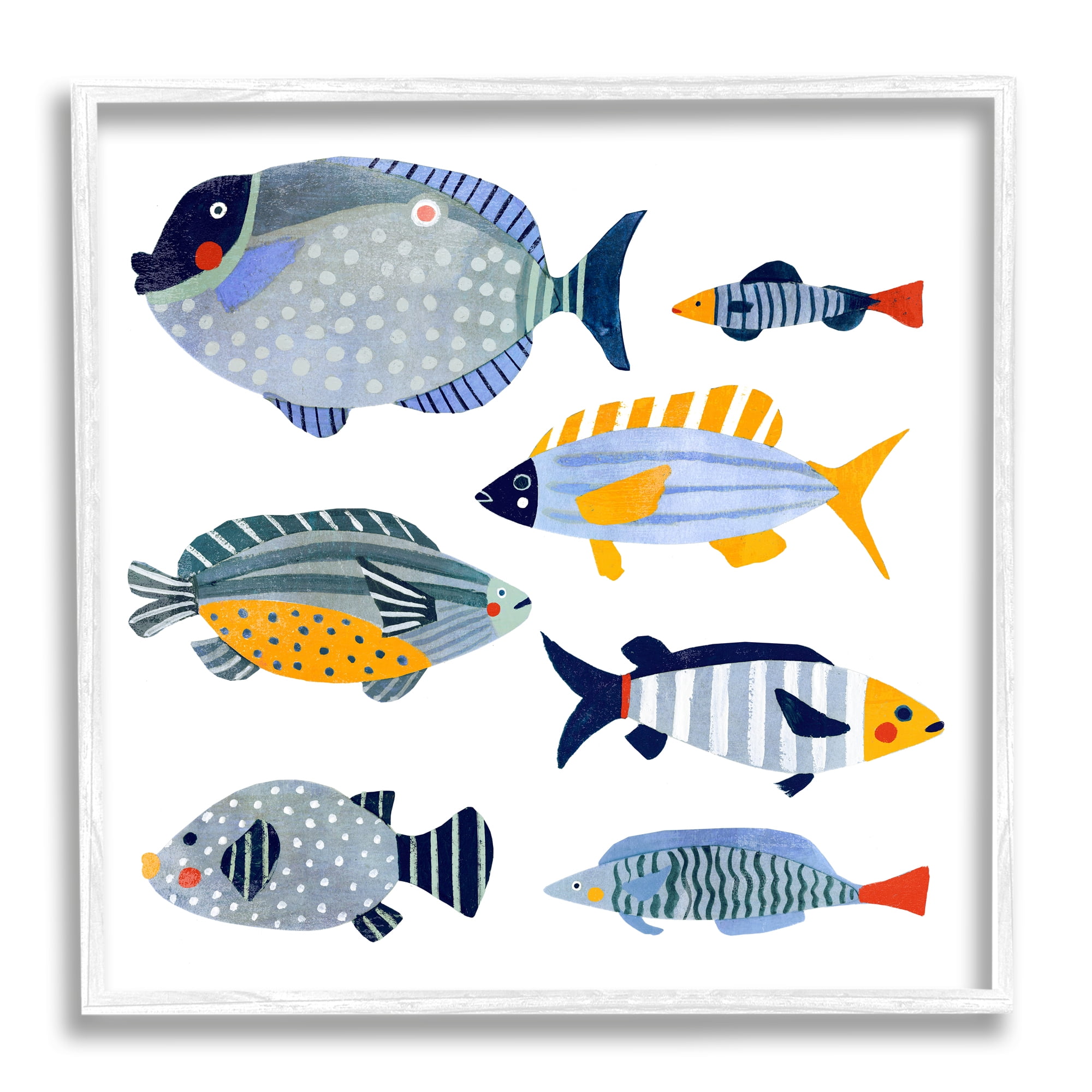Playful Blue and Yellow Fish Print in White Frame, 24 x 24