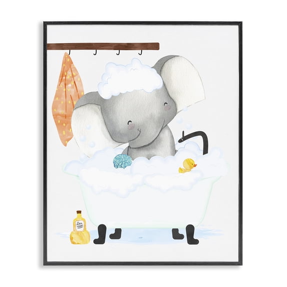 Stupell Industries Contemporary Children's Baby Elephant Bubble Bath Rubber Duck Bathroom Black Framed Giclee Art, 11 x 14, by Erica Billups