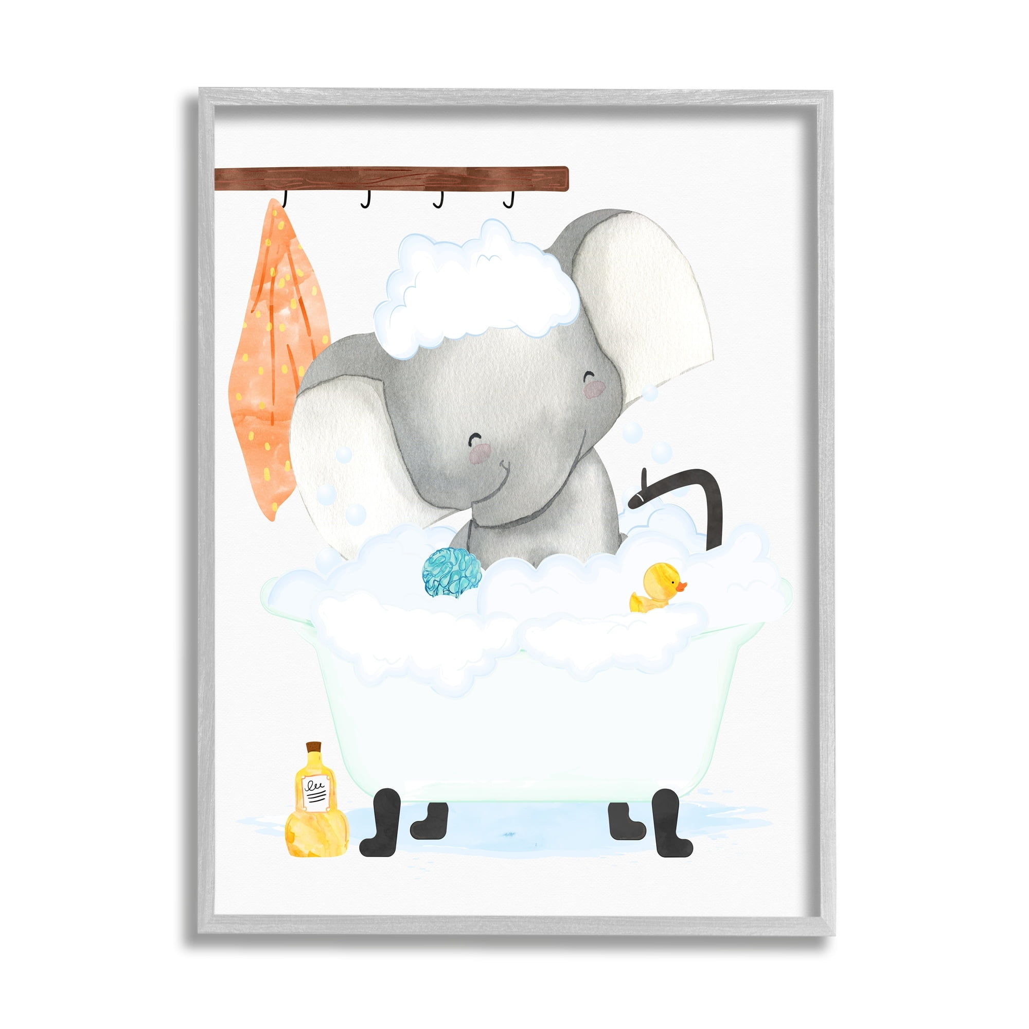 Stupell Industries Children's Baby Elephant Bubble Bath Rubber Duck Bathroom Graphic Art Gray Framed Art Print Wall Art, 11x14, by Erica Billups