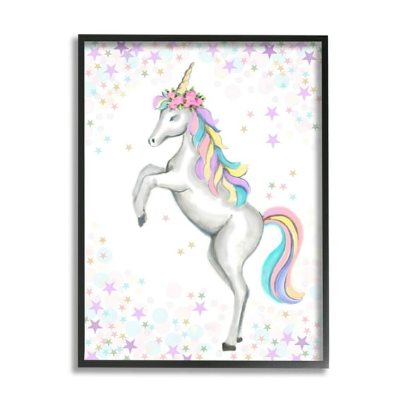 Stupell Industries Children's Dancing Unicorn Rainbow Star Border Graphic Art Black Framed Art Print Wall Art, 16x20, by Reesa Qualia