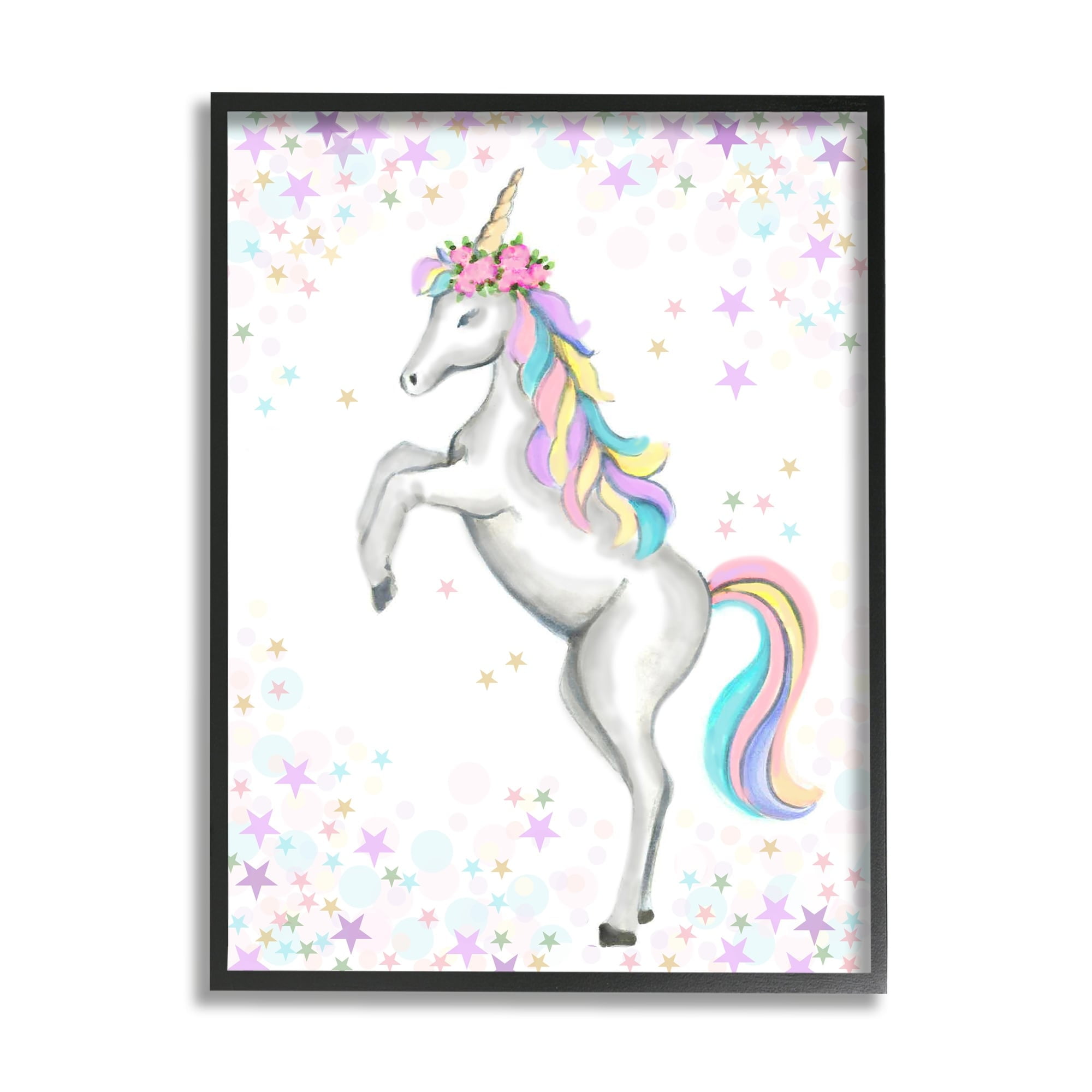 Stupell Industries Children's Dancing Unicorn Rainbow Star Border Graphic  Art Black Framed Art Print Wall Art, 24x30, by Reesa Qualia, image size:2000x2000