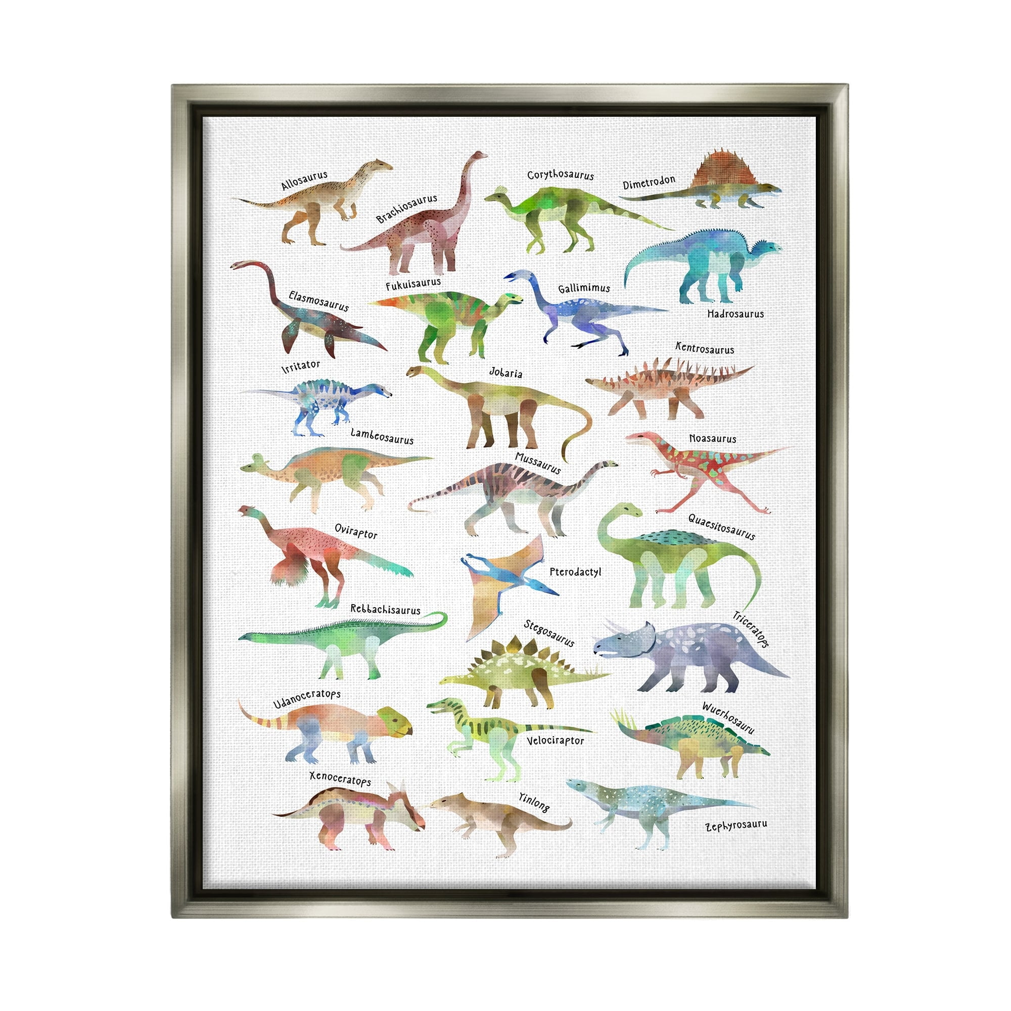 Stupell Industries Children's Dino Chart Dinosaur Reptile Fantasy Fun Watercolor Luster Gray Framed Floating Canvas Wall Art, 16x20, by Ziwei Li