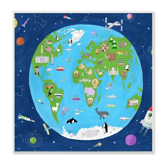Stupell Industries Children's Earth and Outer Space Map Animals Stars, 12 x 12,Design by Carla Daly