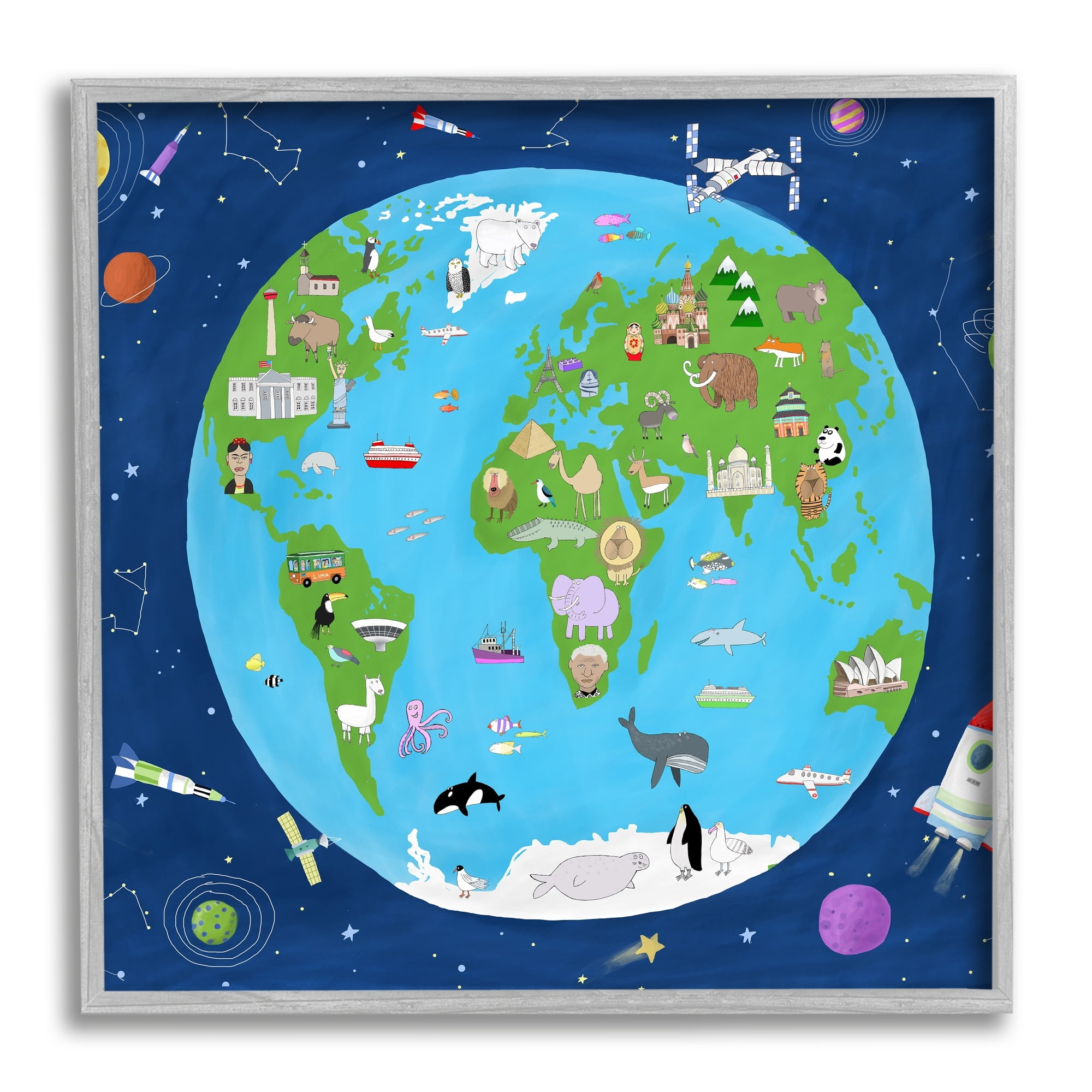 Stupell Industries Children's Earth and Outer Space Map Animals Stars, 24 x 24,Design by Carla Daly