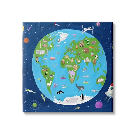Stupell Industries Children's Earth and Outer Space Map Animals Stars, 30 x 30,Design by Carla Daly