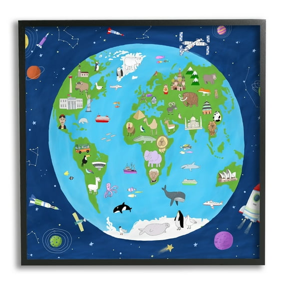 Stupell Industries Children's Earth and Outer Space Map Animals Stars Graphic Art Black Framed Art Print Wall Art, 17x30, by Carla Daly