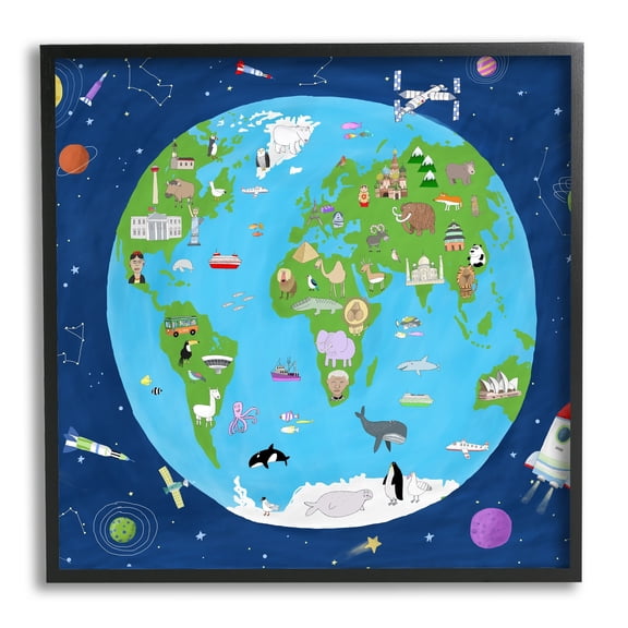 Stupell Industries Children's Earth and Outer Space Map Animals Stars Graphic Art Black Framed Art Print Wall Art, 17x30, by Carla Daly