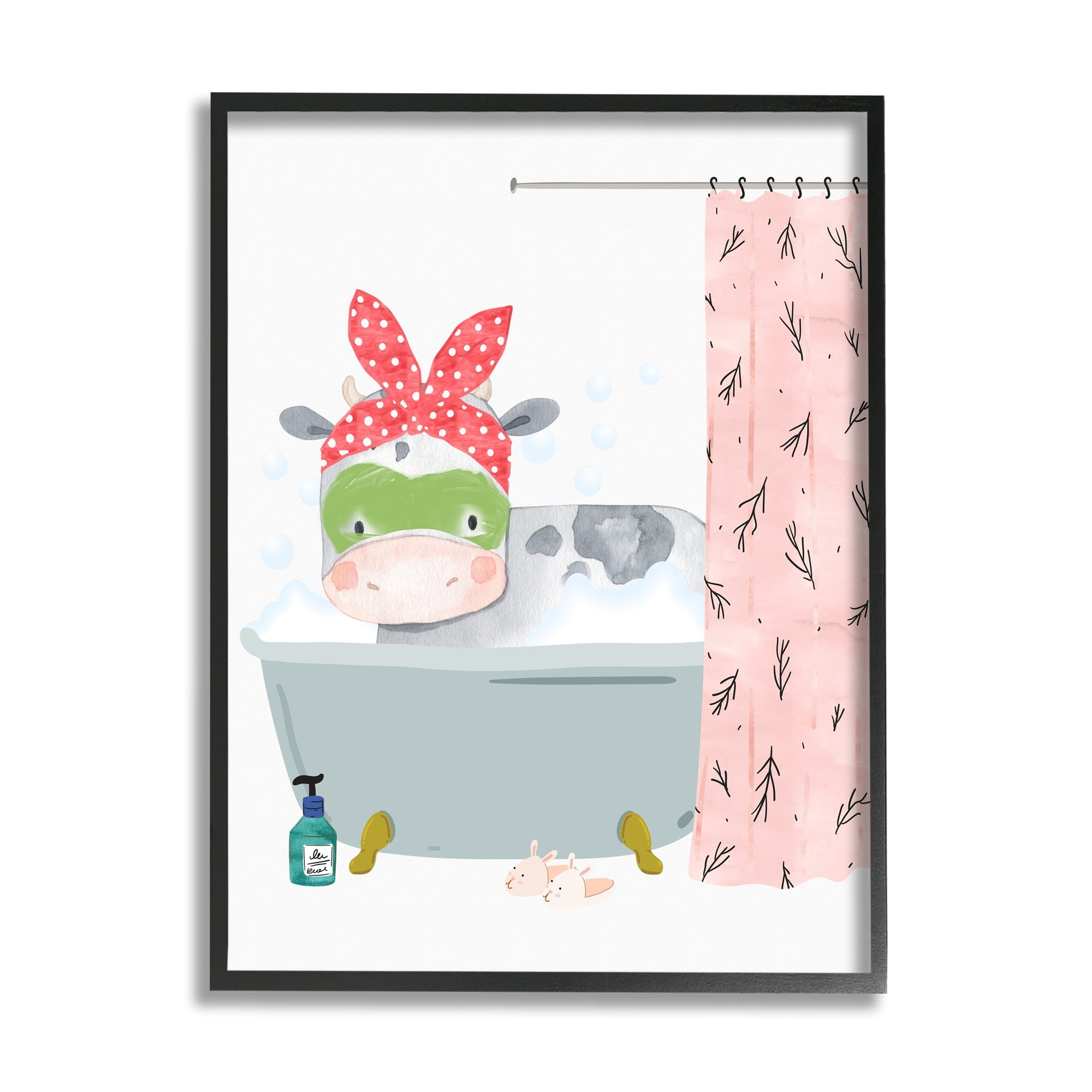 Stupell Industries Children's Farm Cow Bath Tub Bunny Slippers Bathroom Graphic Art Black Framed Art Print Wall Art, 24x30, by Erica Billups