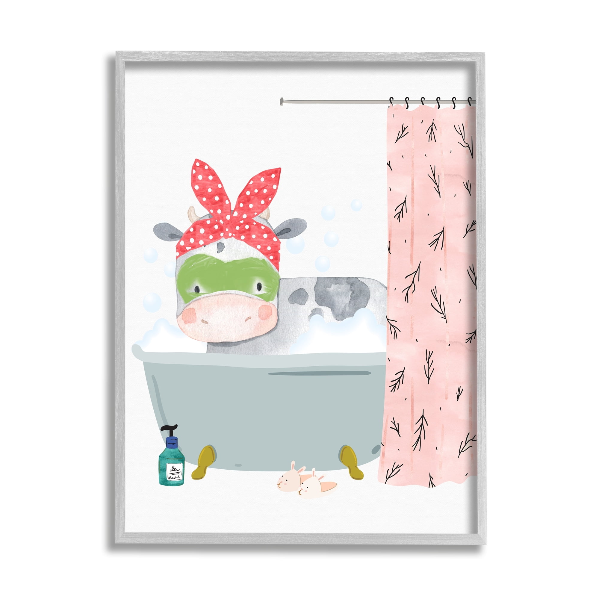 Stupell Industries Children's Farm Cow Bath Tub Bunny Slippers Bathroom Graphic Art Gray Framed Art Print Wall Art, 11x14, by Erica Billups