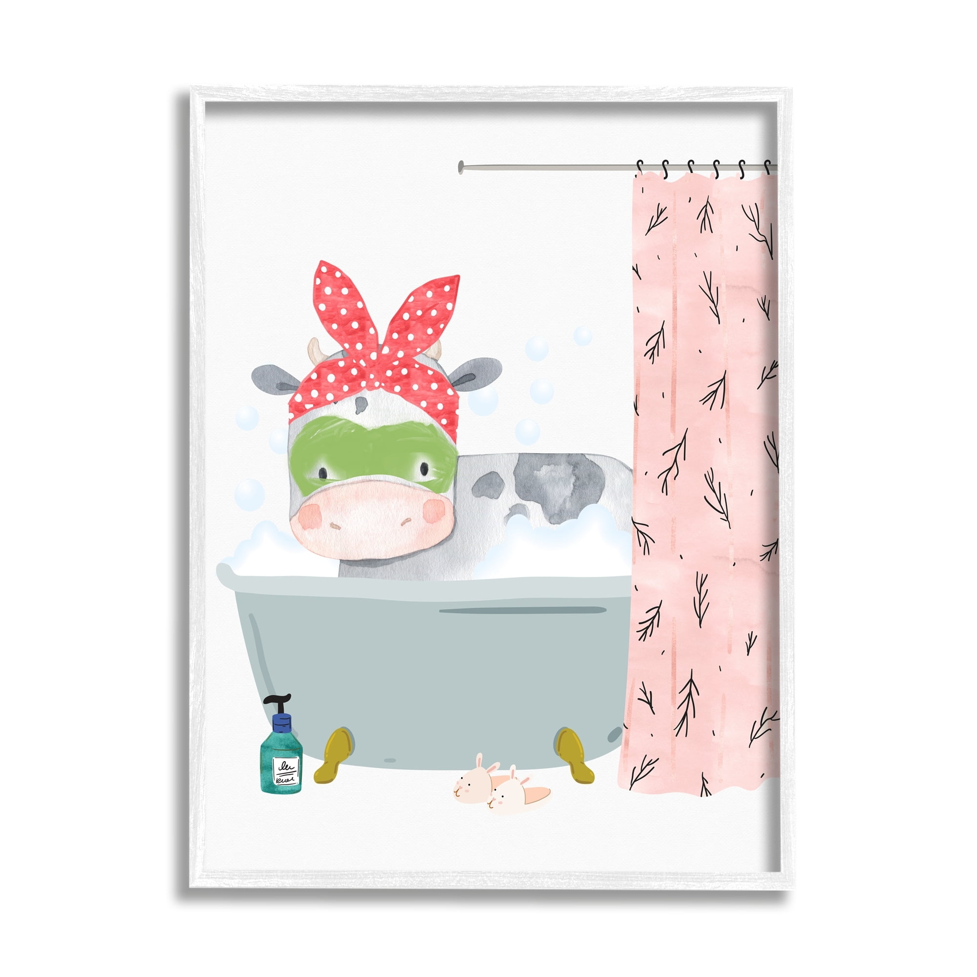 Stupell Industries Children's Farm Cow Bath Tub Bunny Slippers Bathroom Graphic Art White Framed Art Print Wall Art, 24x30, by Erica Billups