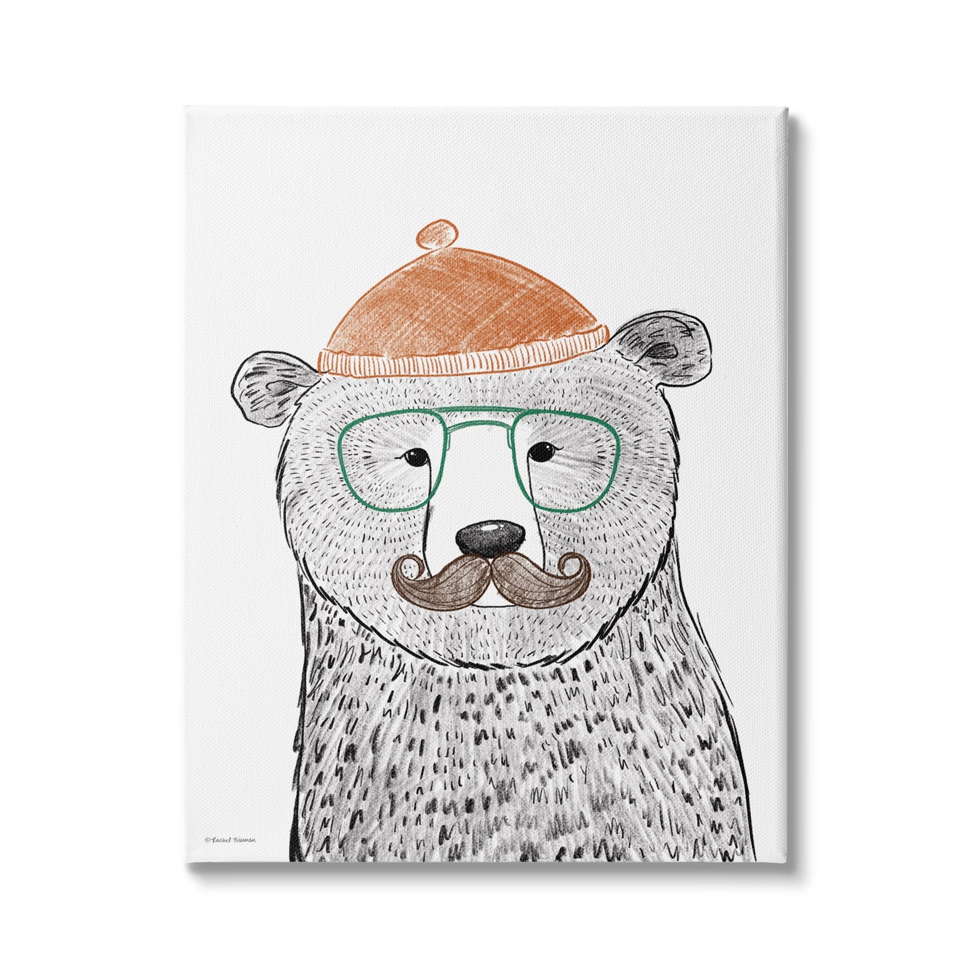 Stupell Industries Children's Forest Bear Illustration Hipster Beanie Mustache Glasses, 24 x 30, Design by Rachel Nieman