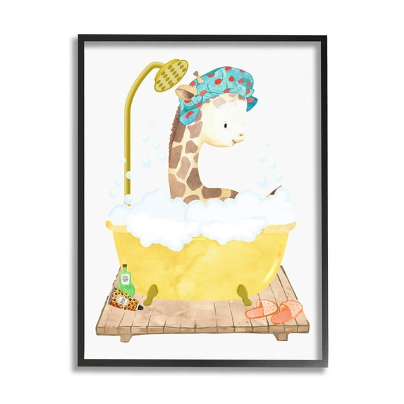 Stupell Industries Children's Giraffe Animal Bubble Bath Yellow Bathroom Graphic Art Black Framed Art Print Wall Art, 11x14, by Erica Billups