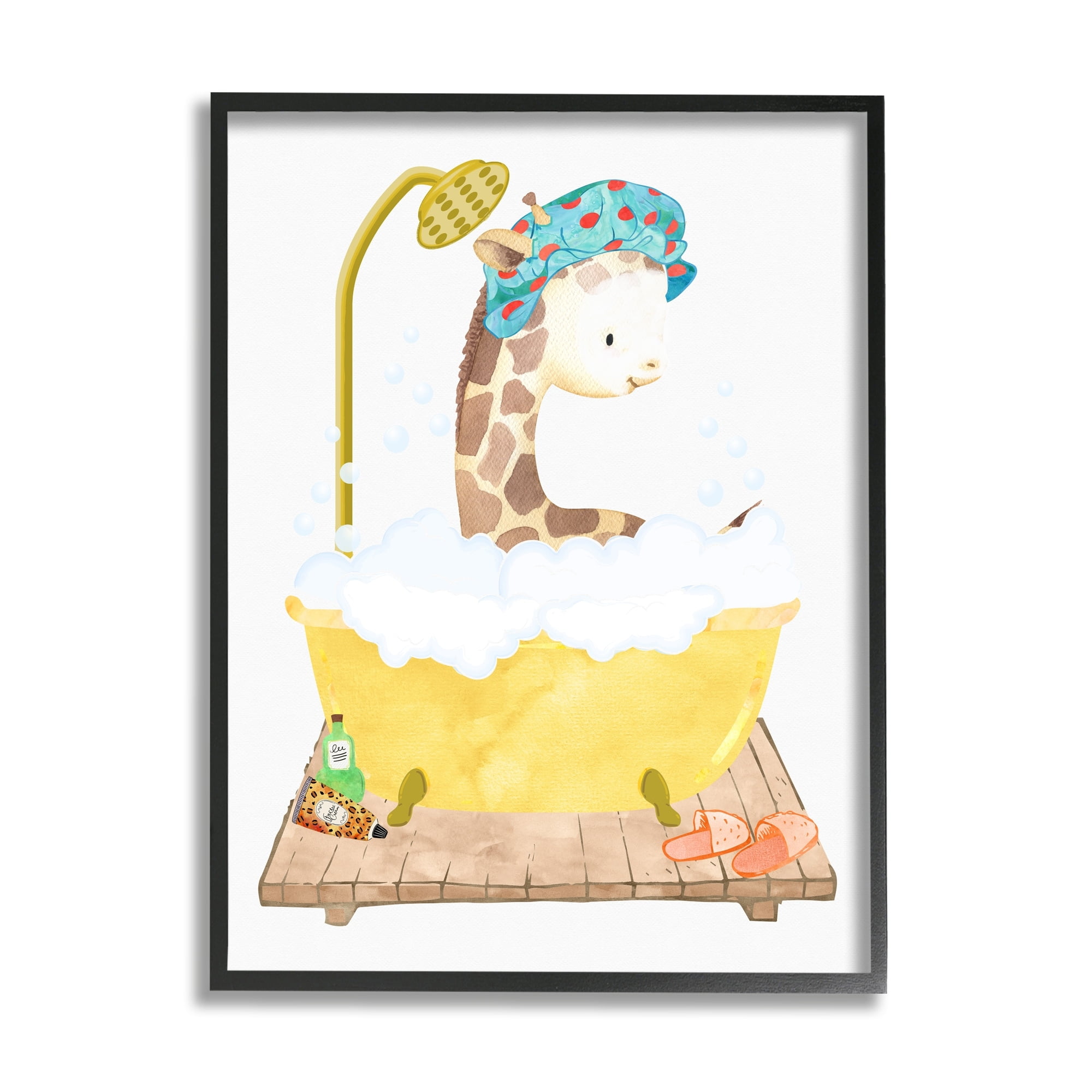 Stupell Industries Children's Giraffe Animal Bubble Bath Yellow Bathroom Graphic Art Black Framed Art Print Wall Art, 16x20, by Erica Billups