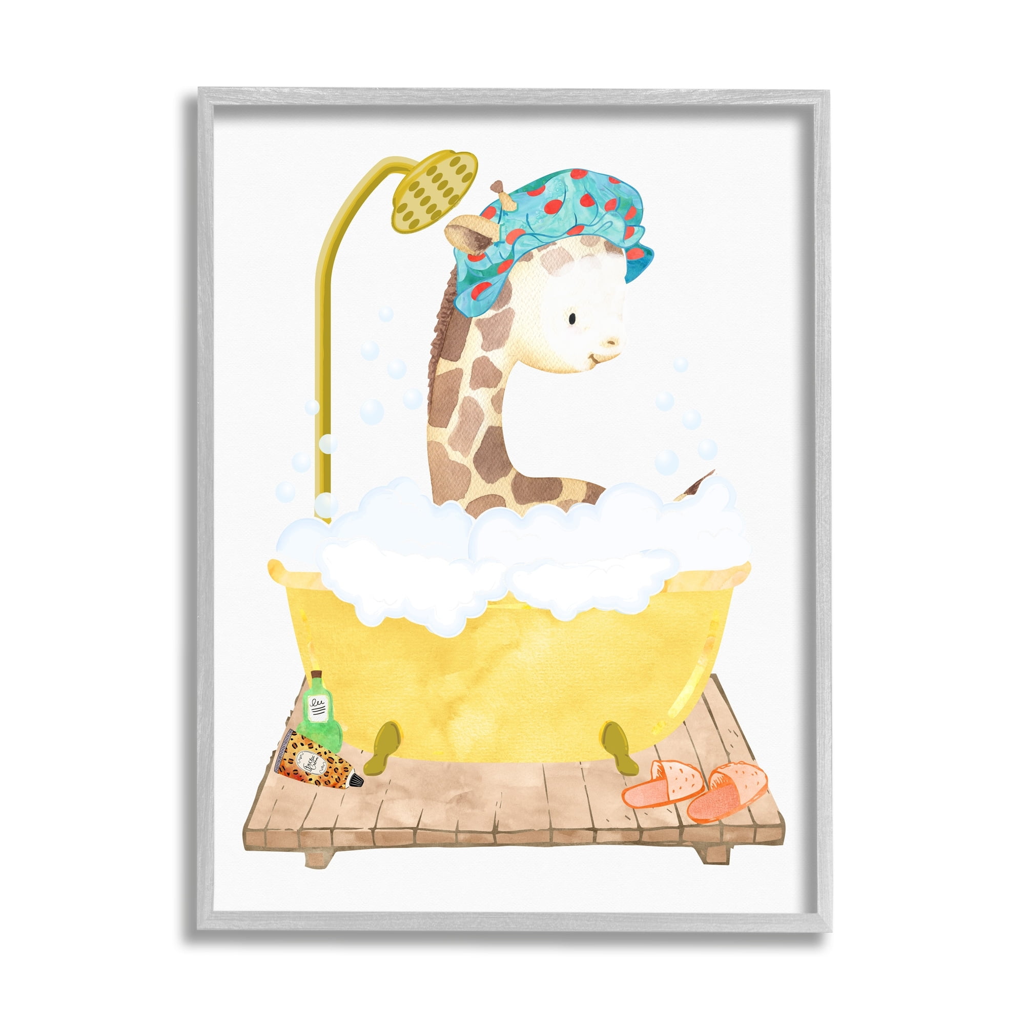 Stupell Industries Children's Giraffe Animal Bubble Bath Yellow Bathroom Graphic Art Gray Framed Art Print Wall Art, 11x14, by Erica Billups
