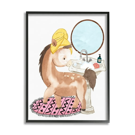 Stupell Industries Children's Horse Bubbly Bathroom Sink Wash Hands Graphic Art Black Framed Art Print Wall Art, 24x30, by Erica Billups