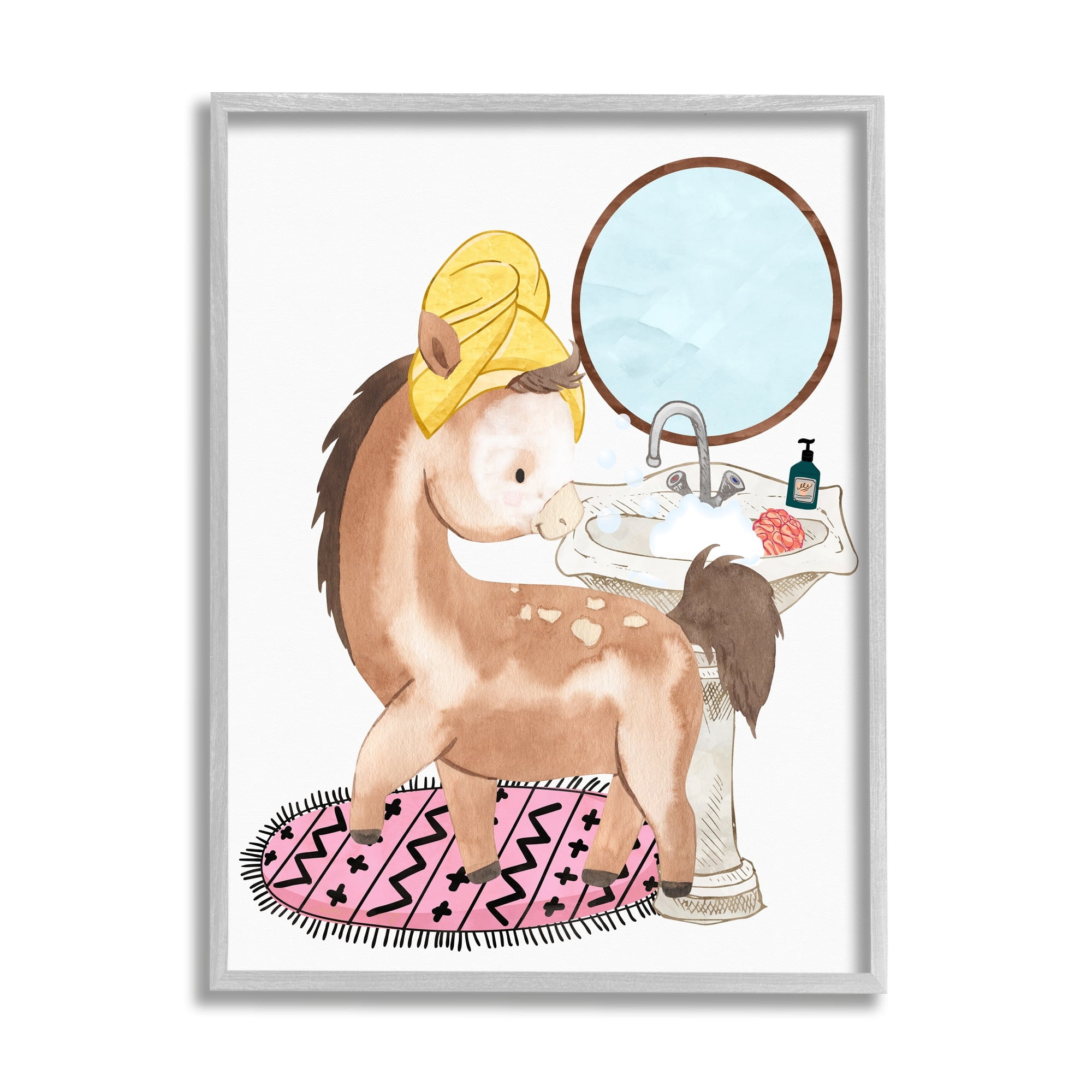 Stupell Industries Children's Horse Bubbly Bathroom Sink Wash Hands Graphic Art Gray Framed Art Print Wall Art, 11x14, by Erica Billups