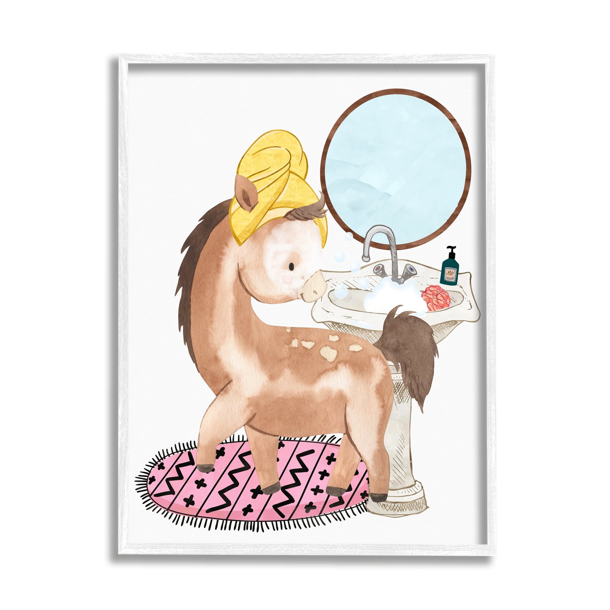 Stupell Industries Children's Horse Bubbly Bathroom Sink Wash Hands Graphic Art White Framed Art Print Wall Art, 24x30, by Erica Billups