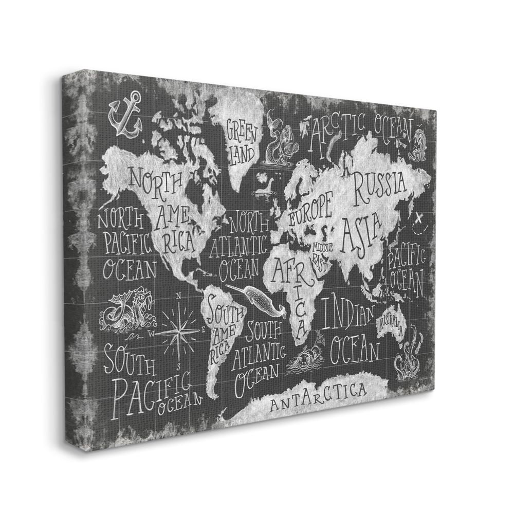 Stupell Industries Children's Mythical Creatures Fantasy Black White Chalk Map Canvas Wall Art Design by Mary Urban, 30" x 40"
