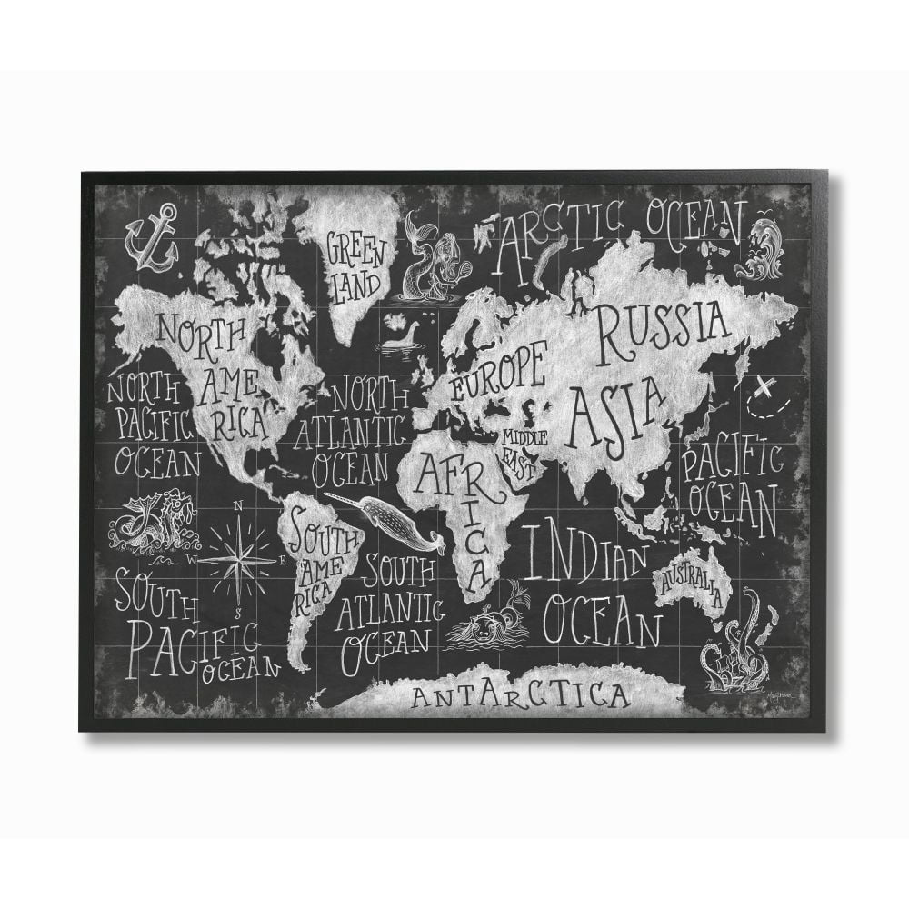 Stupell Industries Children's Mythical Creatures Fantasy Black White Chalk Map Framed Wall Art Design by Mary Urban, 11" x 14", Black Framed