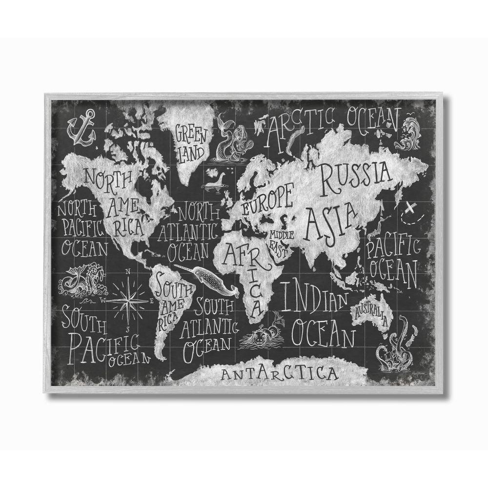 Stupell Industries Children's Mythical Creatures Fantasy Black White Chalk Map Framed Wall Art Design by Mary Urban, 11" x 14", Gray Framed