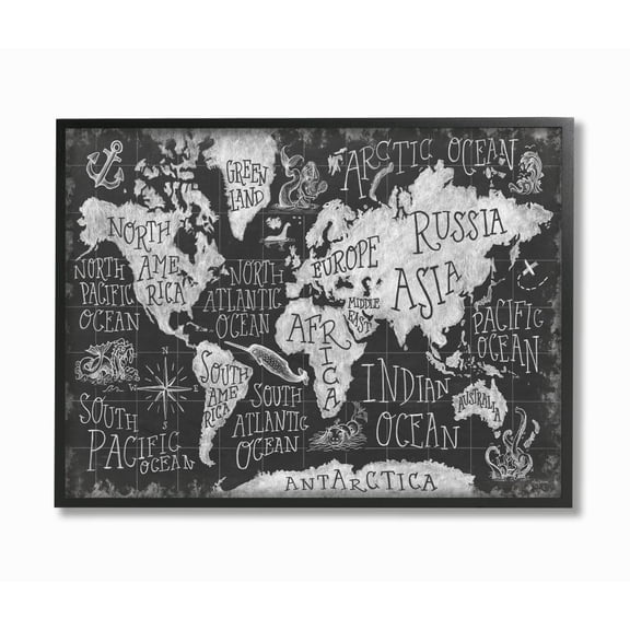 Stupell Industries Children's Mythical Creatures Fantasy Black White Chalk Map Framed Wall Art Design by Mary Urban, 16" x 20", Black Framed