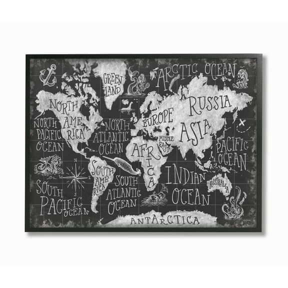 Stupell Industries Children's Mythical Creatures Fantasy Black White Chalk Map Framed Wall Art Design by Mary Urban, 24" x 30", Black Framed