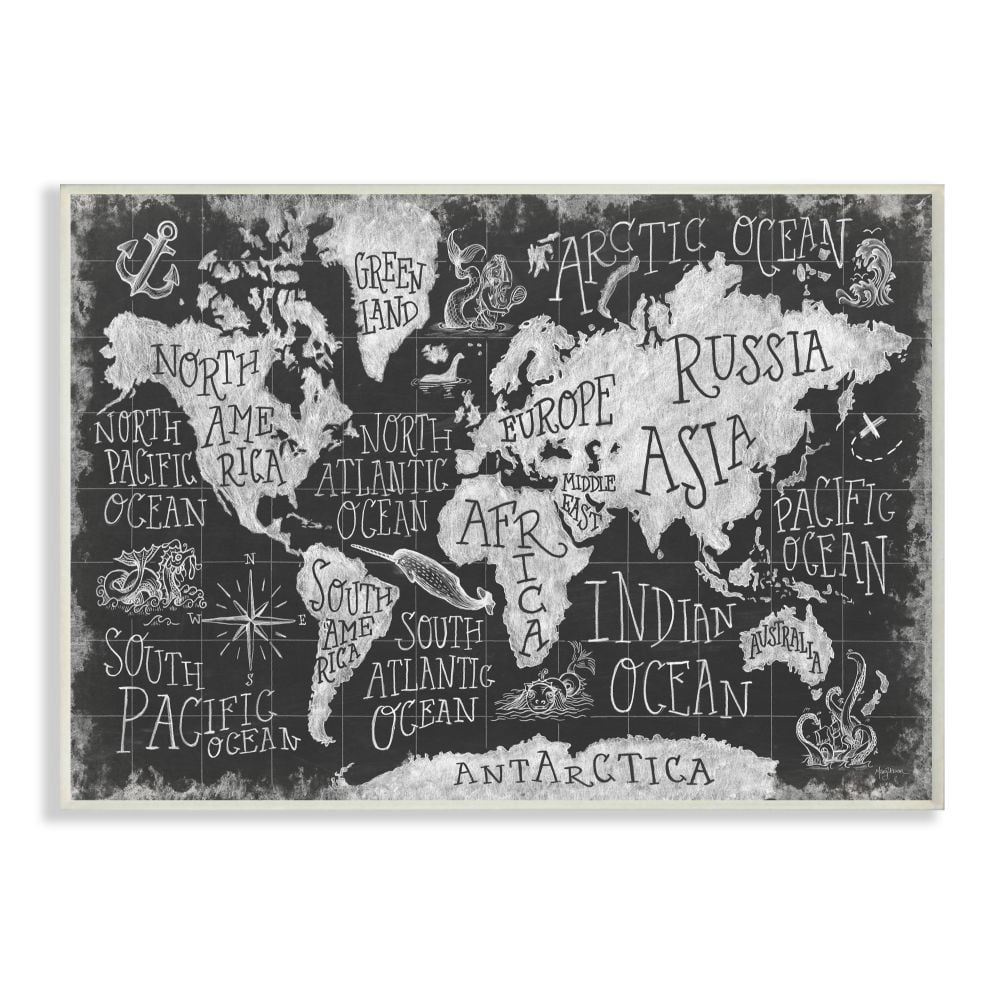 Stupell Industries Children's Mythical Creatures Fantasy Black White Chalk Map Graphic Art Unframed Art Print Wall Art, 13x19, by Mary Urban