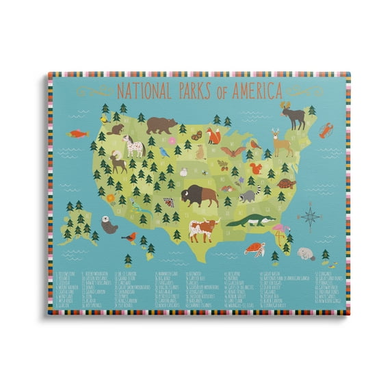 Stupell Industries Children's National Parks of America Map Animal Wildlife, 48 x 36,Design by Abi Hall