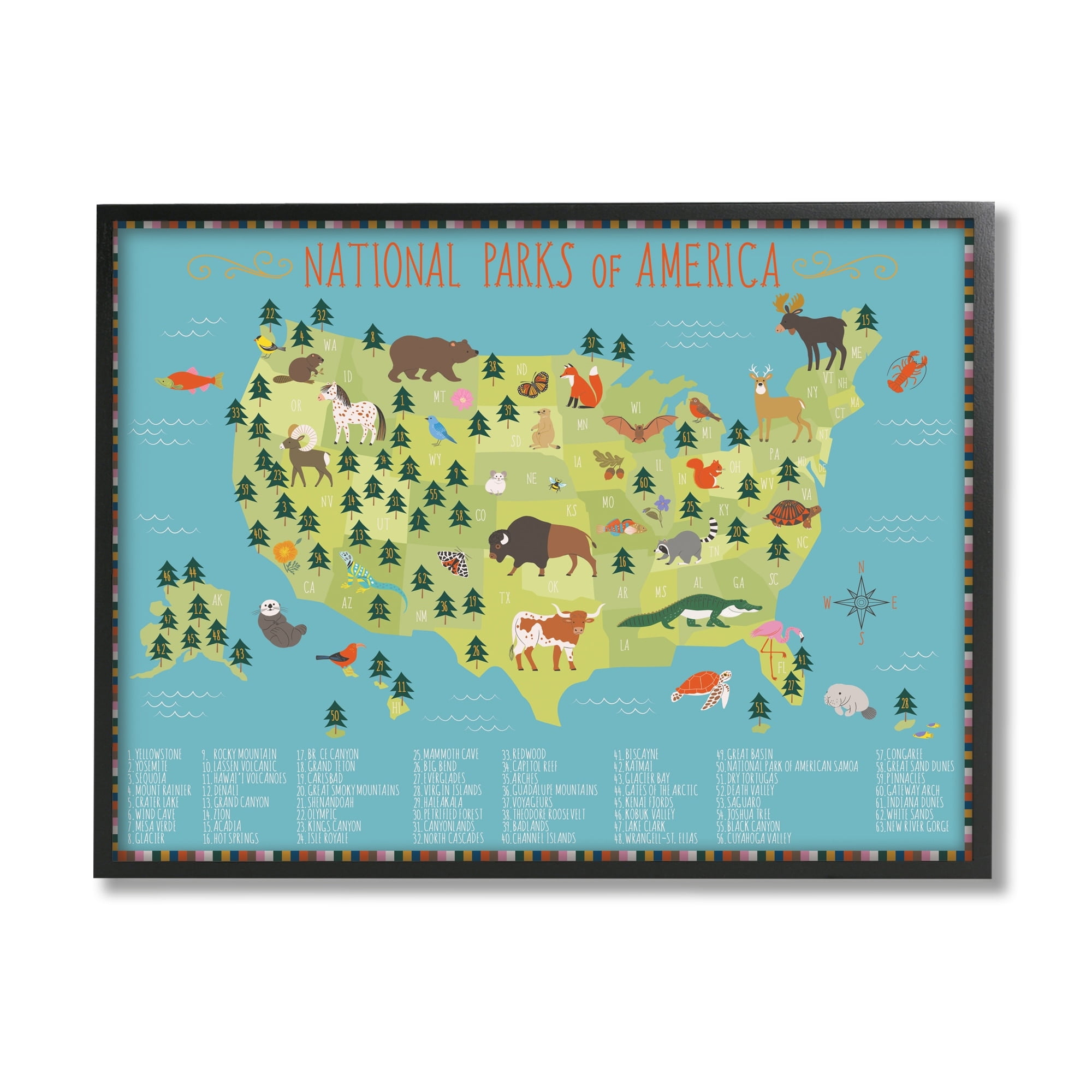Stupell Industries Children's National Parks of America Map Animal Wildlife Graphic Art Black Framed Art Print Wall Art, 30x24, by Abi Hall