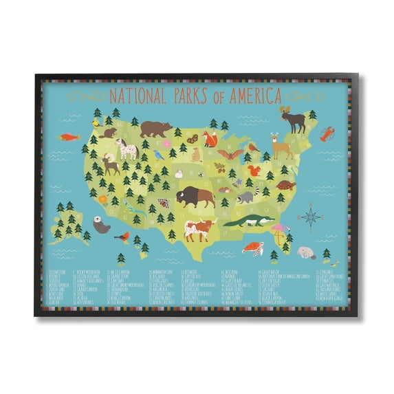 Stupell Industries Children's National Parks of America Map Animal Wildlife Graphic Art Black Framed Art Print Wall Art, 30x24, by Abi Hall