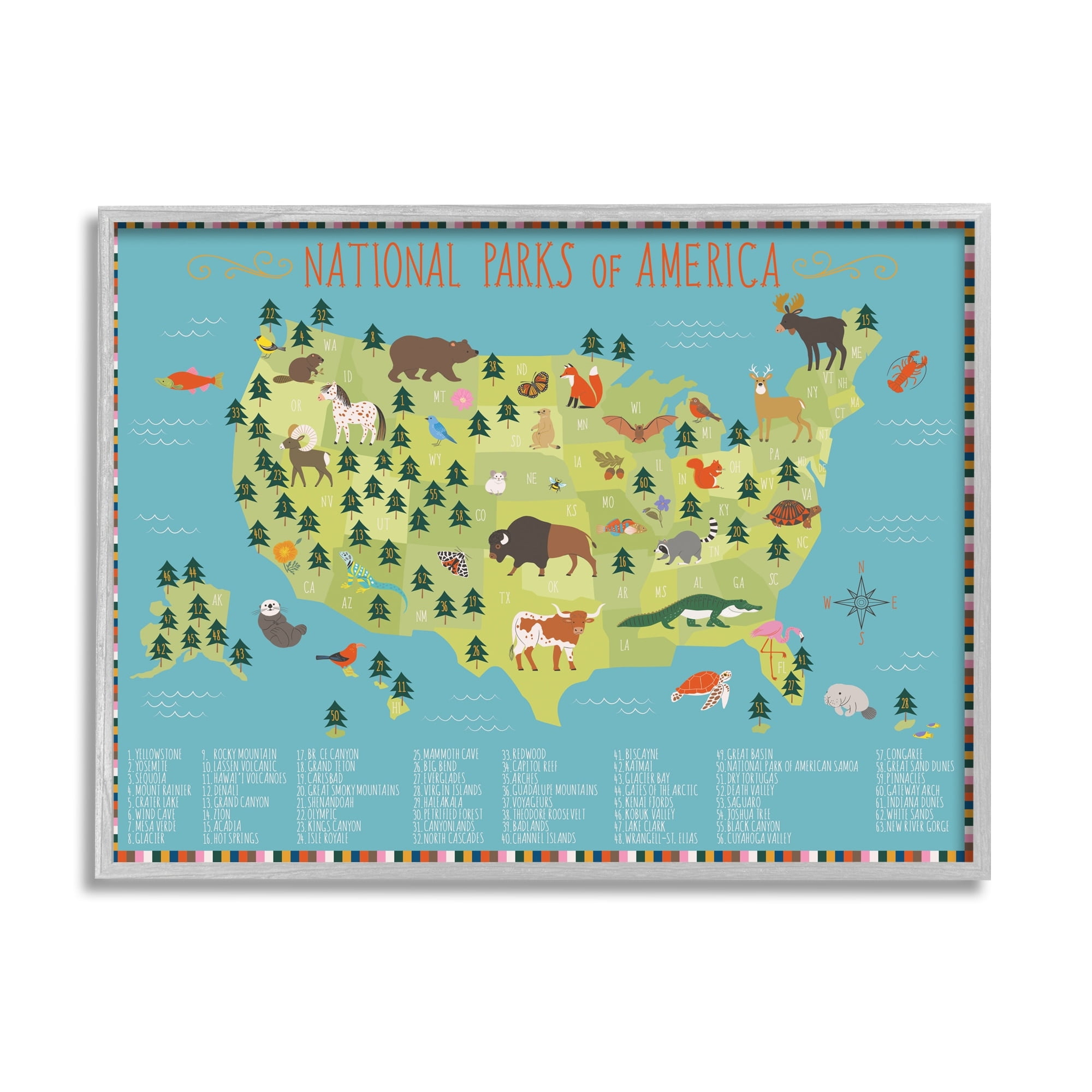 Stupell Industries Children's National Parks of America Map Animal Wildlife Graphic Art Gray Framed Art Print Wall Art, 20x16, by Abi Hall