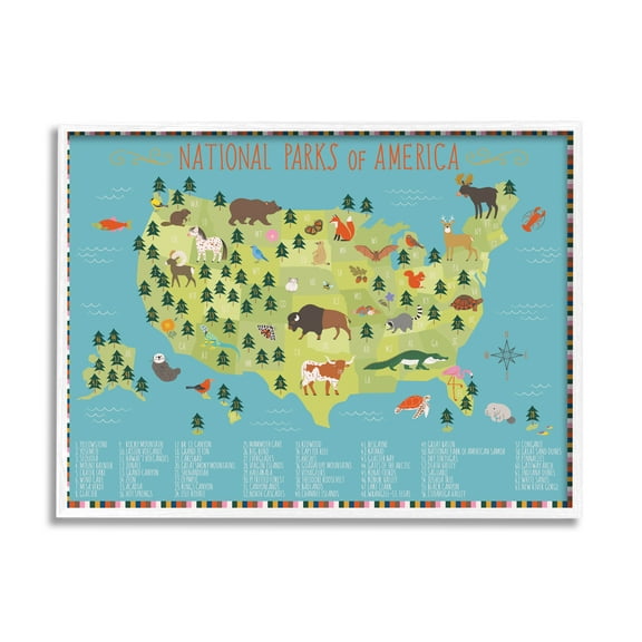 Stupell Industries Children's National Parks of America Map Animal Wildlife Graphic Art White Framed Art Print Wall Art, 14x11, by Abi Hall