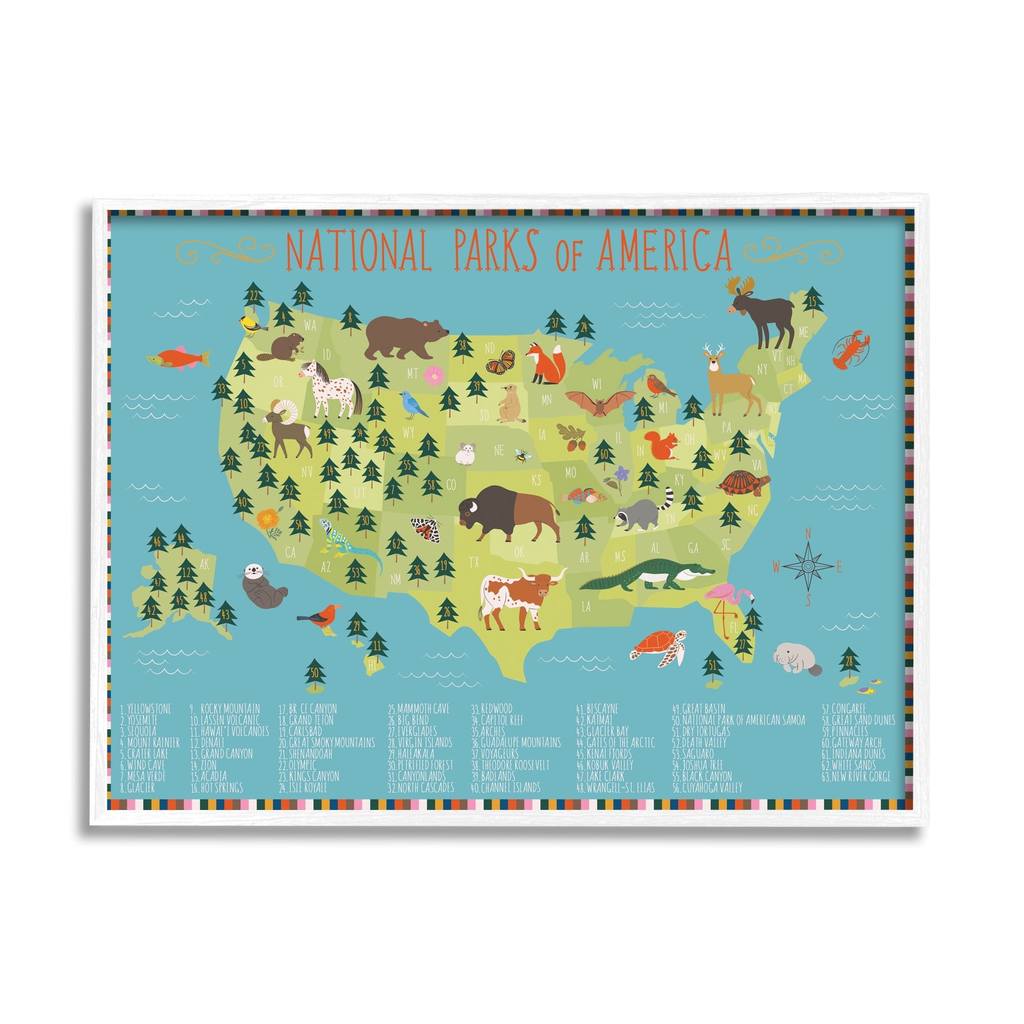 Stupell Industries Children's National Parks of America Map Animal Wildlife Graphic Art White Framed Art Print Wall Art, 20x16, by Abi Hall