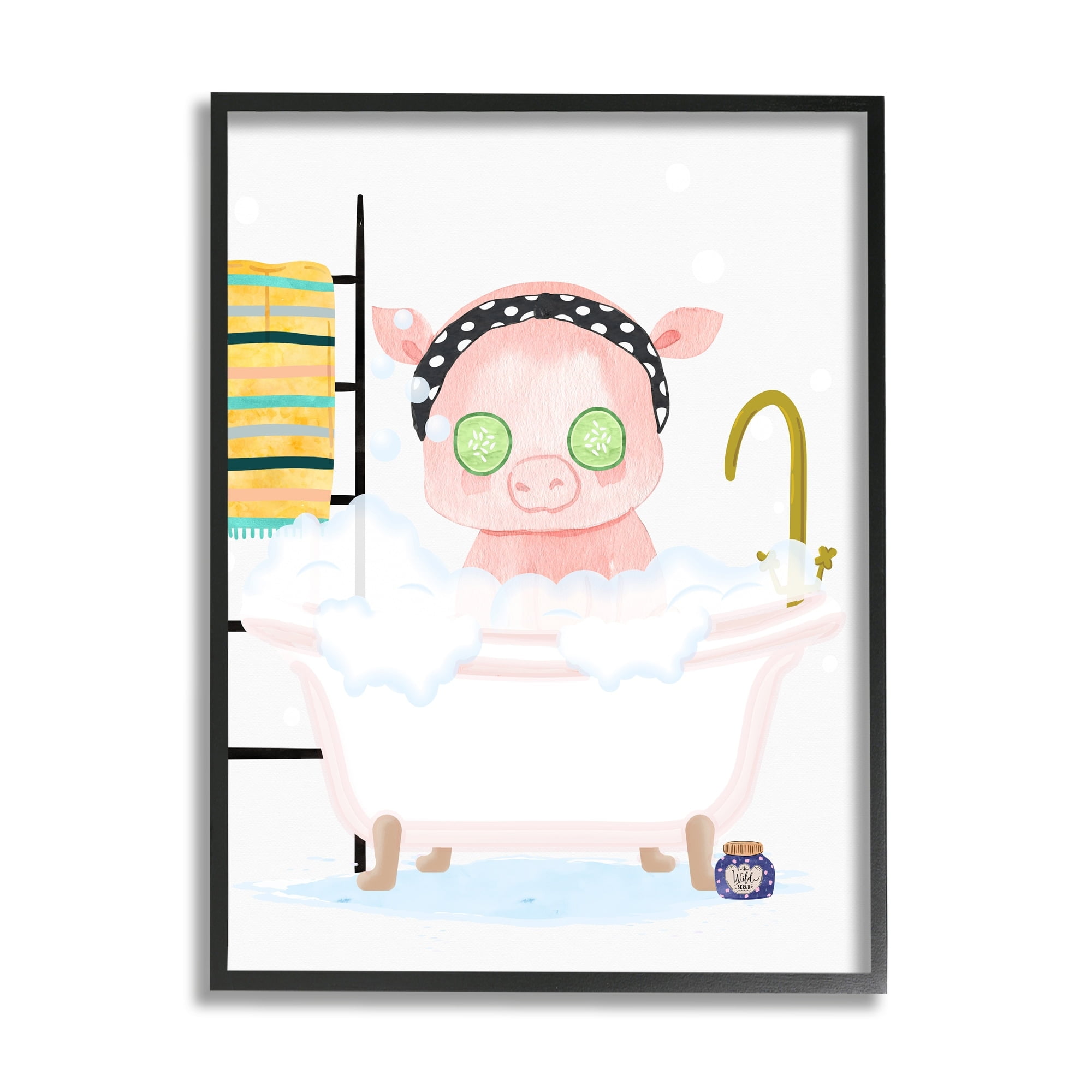 Stupell Industries Children's Pink Pig Bubble Bath Cute Bathroom Graphic Art Black Framed Art Print Wall Art, 11x14, by Erica Billups