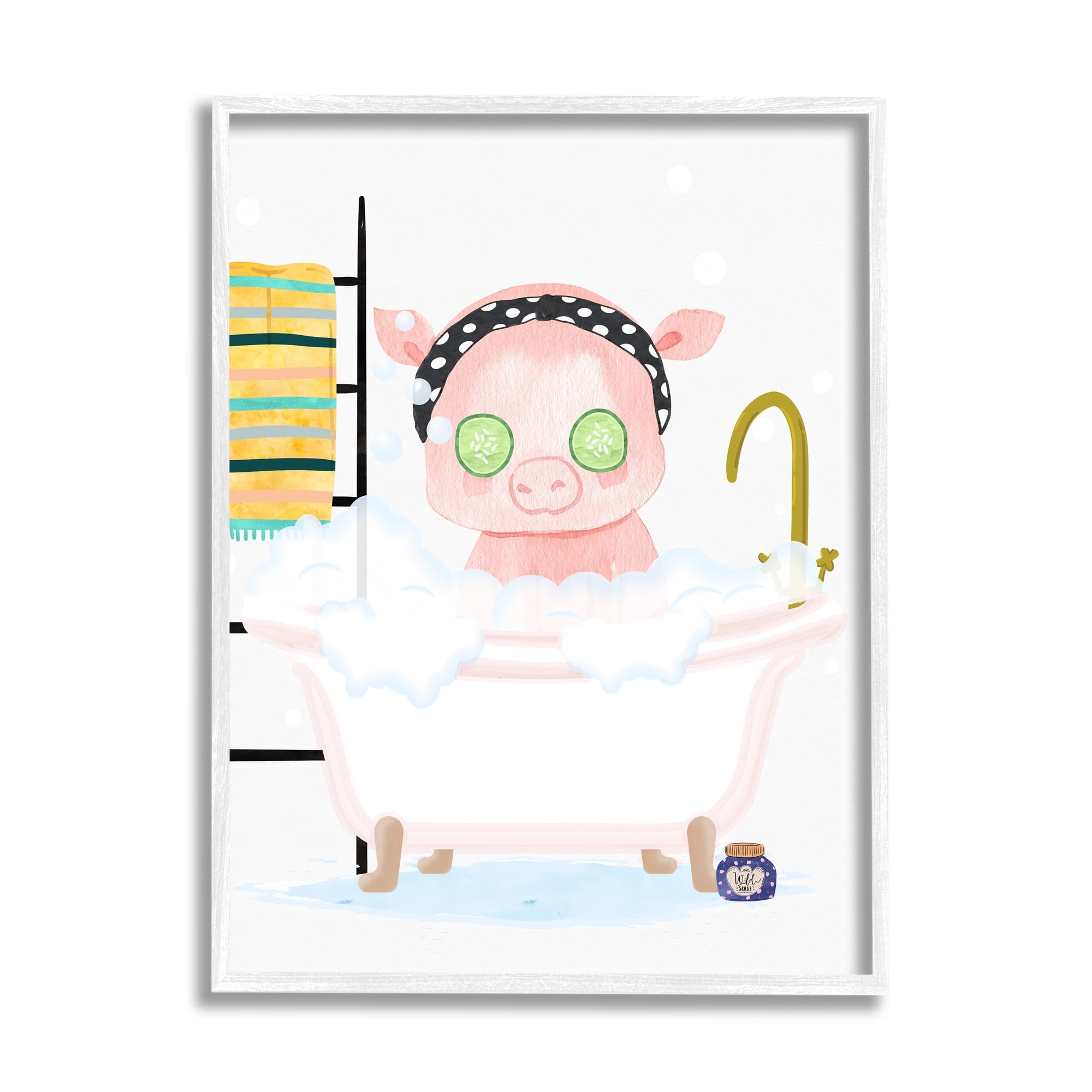 Stupell Industries Children's Pink Pig Bubble Bath Cute Bathroom Graphic Art White Framed Art Print Wall Art, 11x14, by Erica Billups