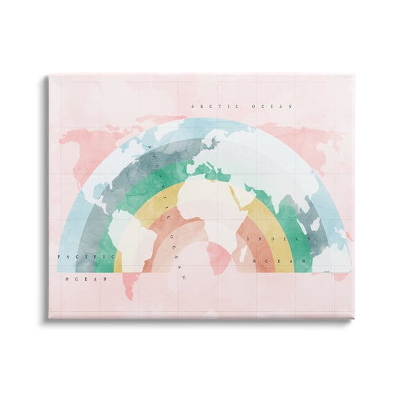 Stupell Industries Children's Pink World Map with Modern Rainbow, 48 x 36,Design by Daphne Polselli