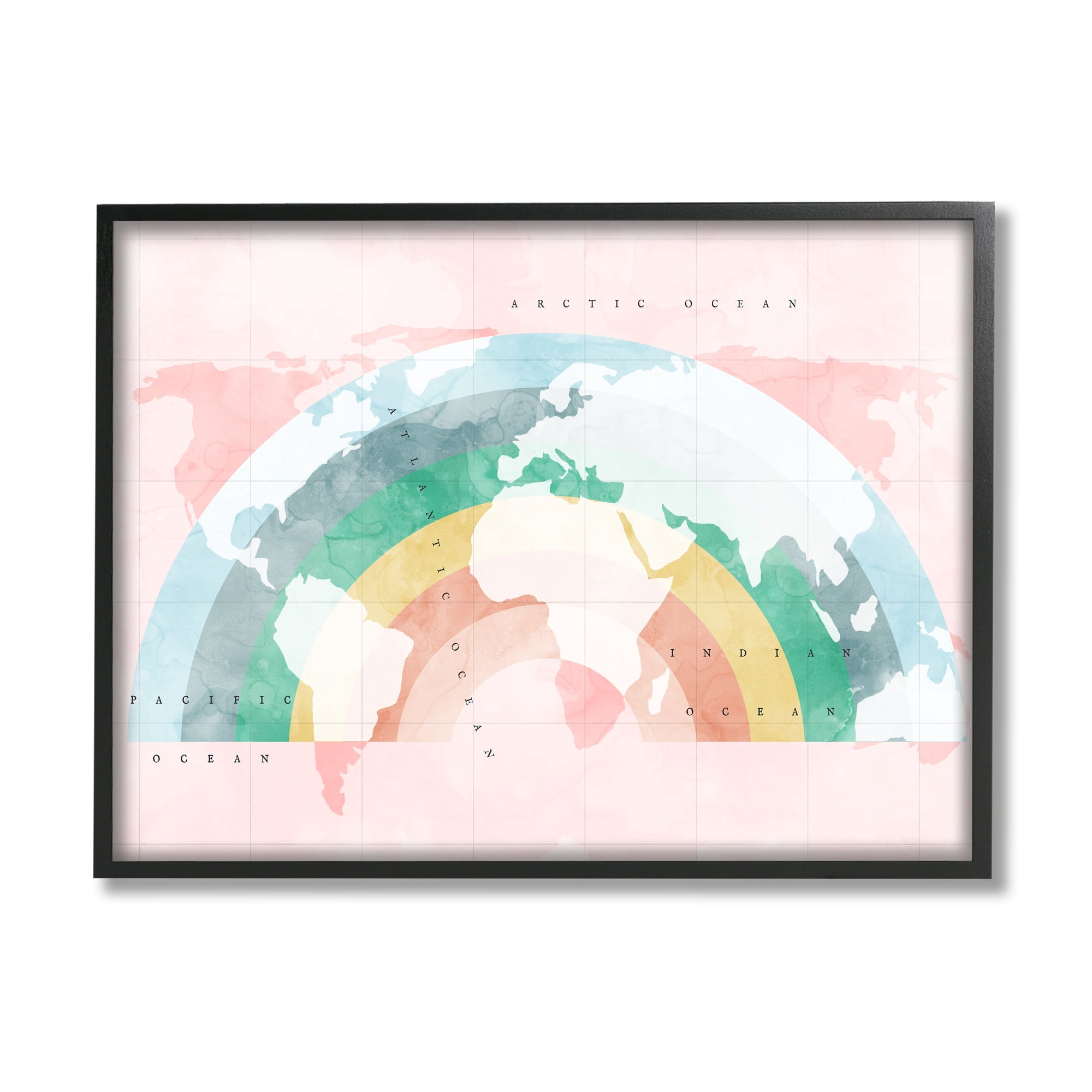 Stupell Industries Children's Pink World Map with Modern Rainbow Graphic Art Black Framed Art Print Wall Art, 14x11, by Daphne Polselli