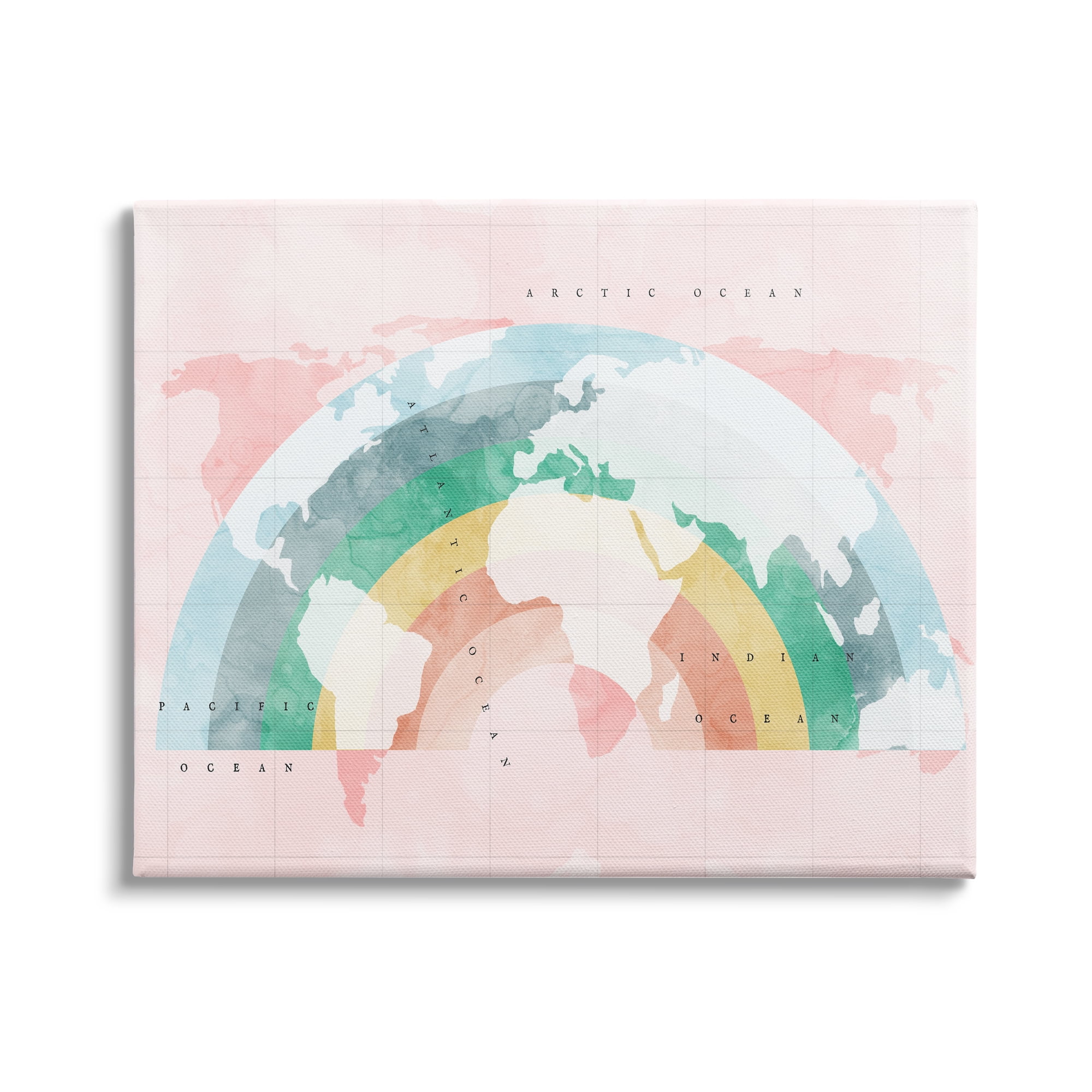 Stupell Industries Children's Pink World Map with Modern Rainbow Graphic Art Gallery-Wrapped Canvas Print Wall Art, 40x30, by Daphne Polselli