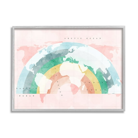 Stupell Industries Children's Pink World Map with Modern Rainbow Graphic Art Gray Framed Art Print Wall Art, 30x24, by Daphne Polselli