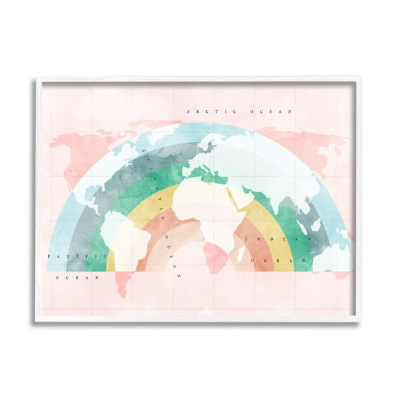 Stupell Industries Children's Pink World Map with Modern Rainbow Graphic Art White Framed Art Print Wall Art, 14x11, by Daphne Polselli