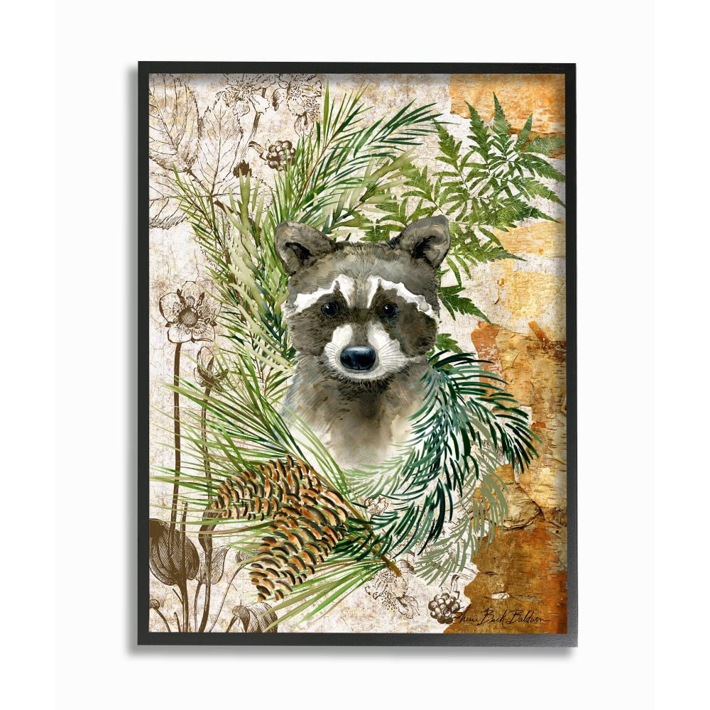 Stupell Industries Children's Racoon in Forest Wild Animal Illustration Framed Wall Art Design by Sherri Buck Baldwin, 24" x 30", Black Framed