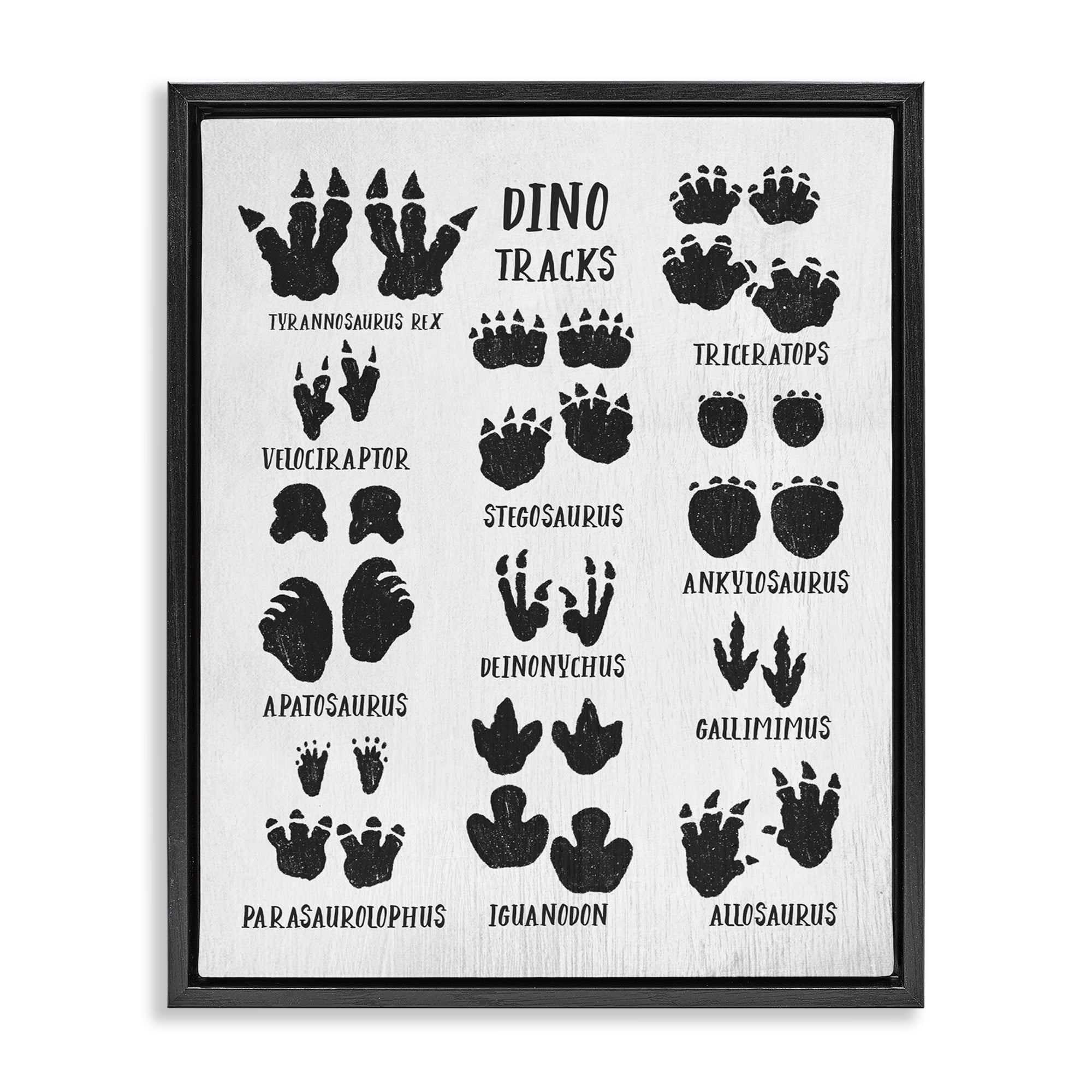 Stupell Industries Children's Rustic Dinosaur Track Chart Animals & Insects Painting Black Floater Framed Canvas Art Print Wall Art, 17 x 21
