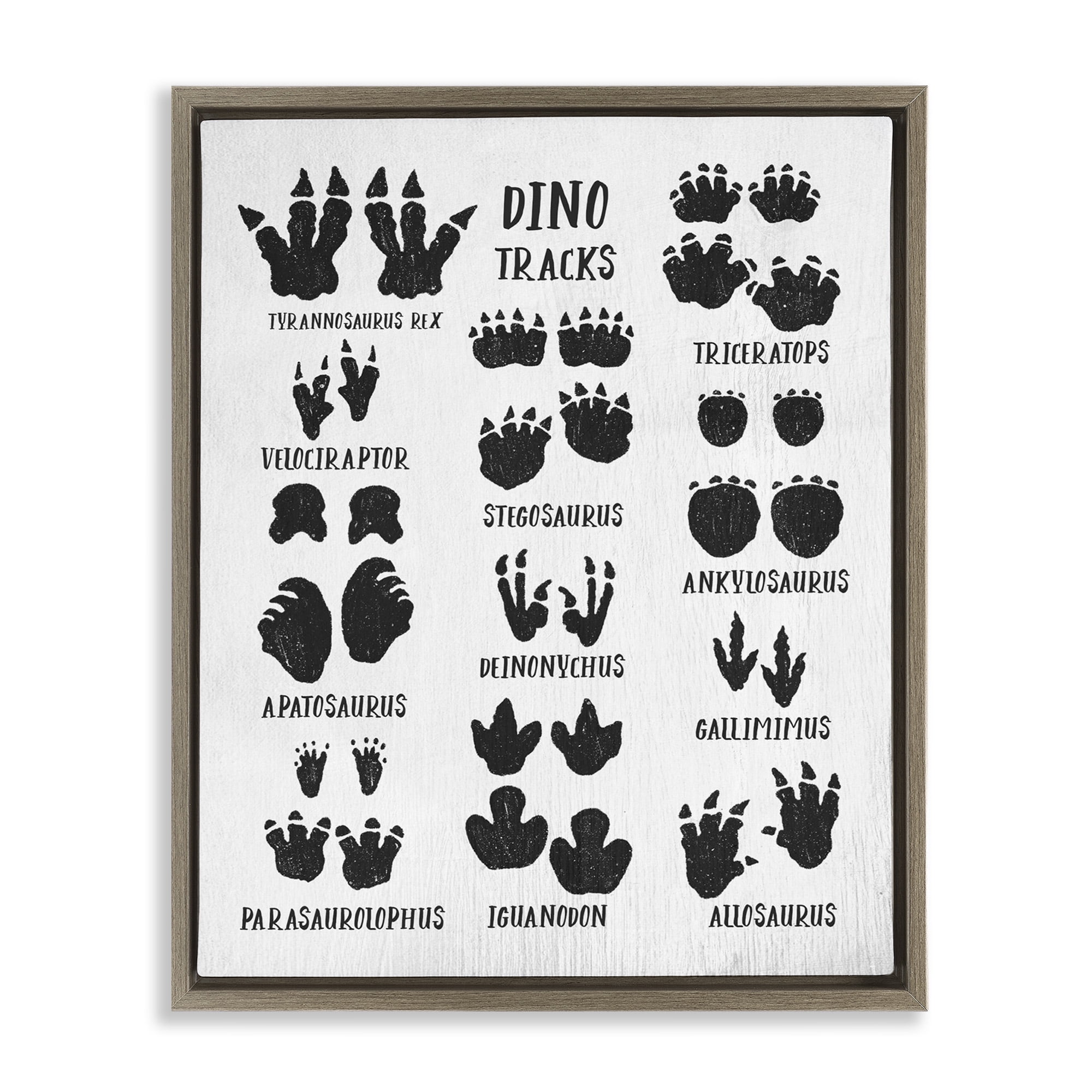 Stupell Industries Children's Rustic Dinosaur Track Chart Animals & Insects Painting Brown Floater Framed Canvas Art Print Wall Art, 17 x 21