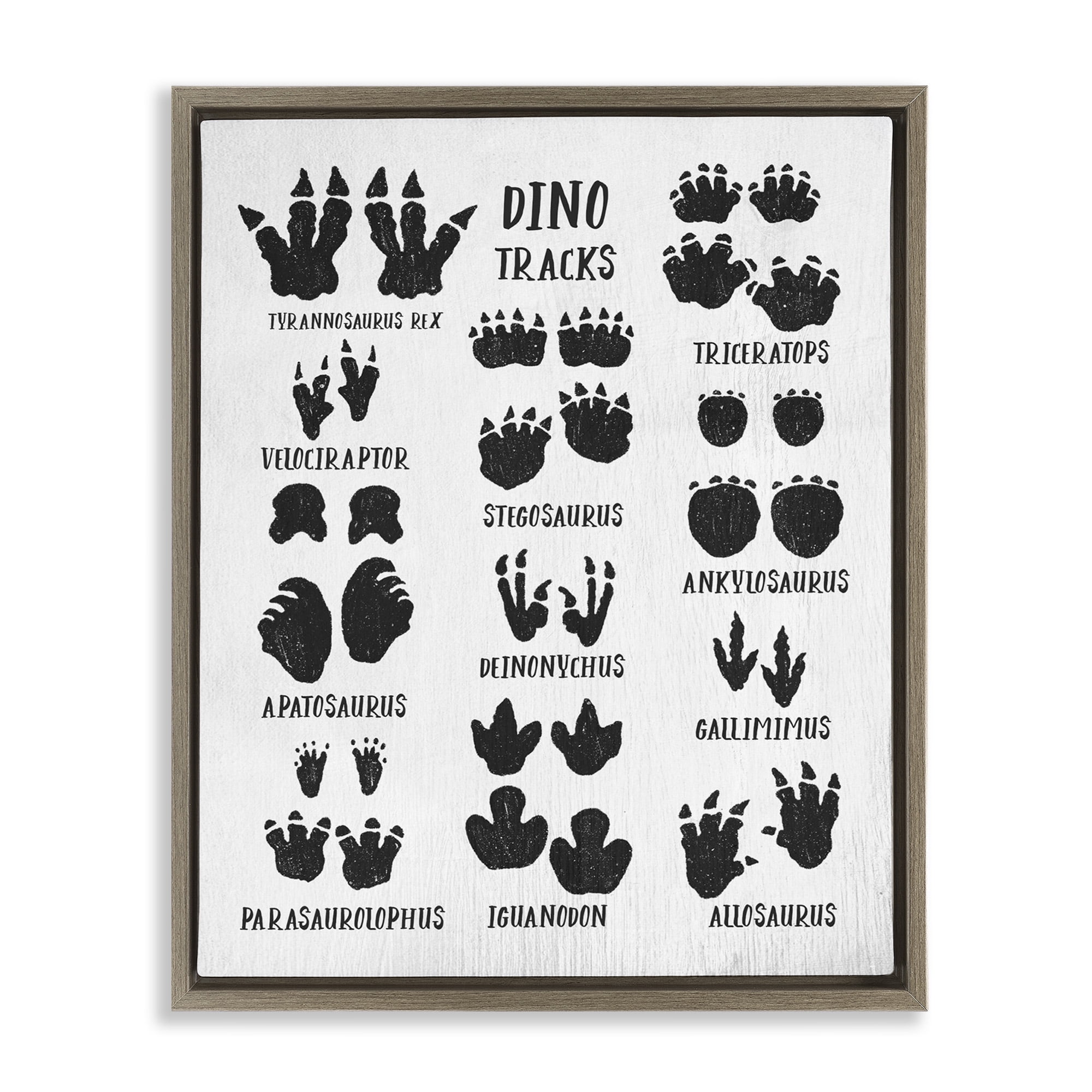 Stupell Industries Children's Rustic Dinosaur Track Chart Animals & Insects Painting Brown Floater Framed Canvas Art Print Wall Art, 25 x 31