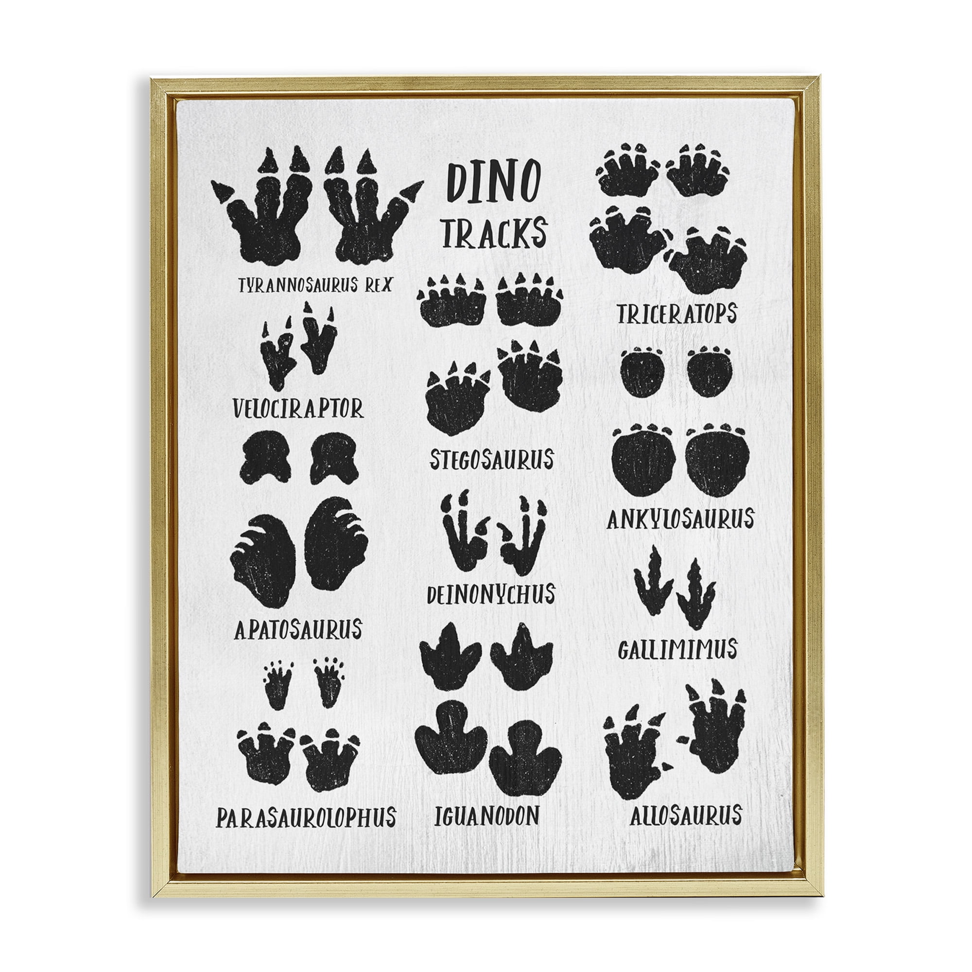 Stupell Industries Children's Rustic Dinosaur Track Chart Animals & Insects Painting Gold Floater Framed Canvas Art Print Wall Art, 25 x 31