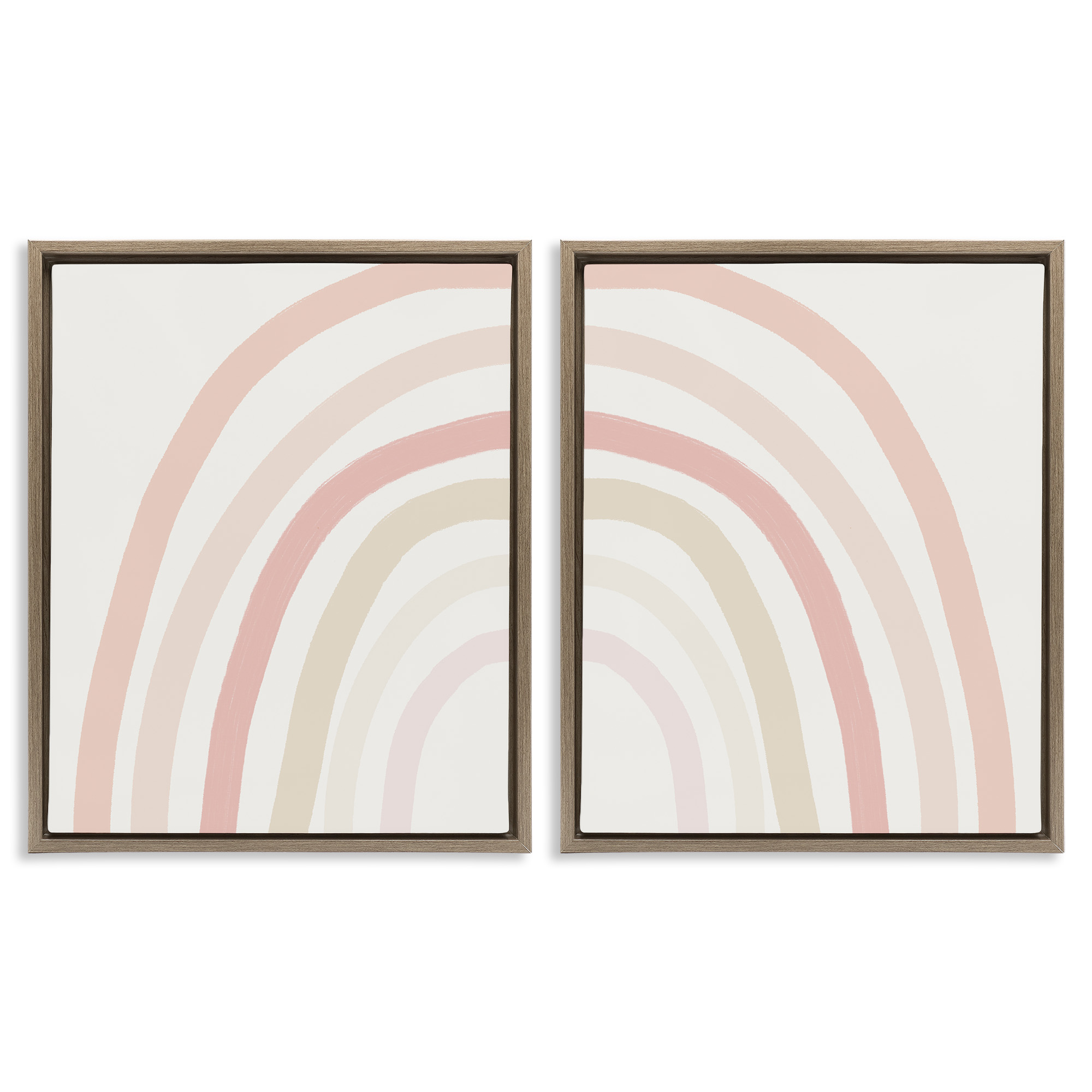 Stupell Industries Children's Soft Pastel Rainbow Shape Landscape Painting Brown Floater Framed Canvas Art Print Wall Art, 25 x 31, Set of 2