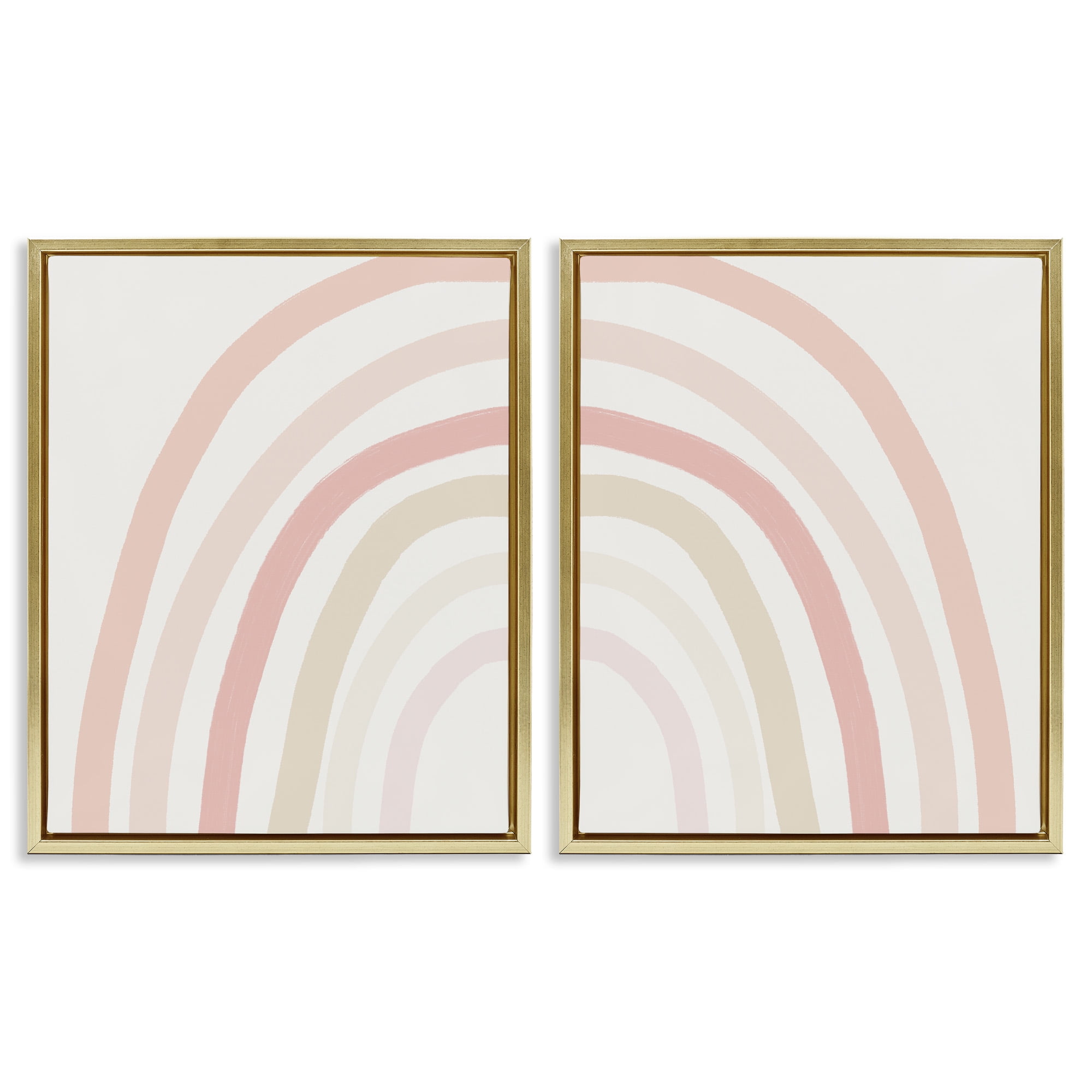 Stupell Industries Children's Soft Pastel Rainbow Shape Landscape Painting Gold Floater Framed Canvas Art Print Wall Art, 17 x 21, Set of 2