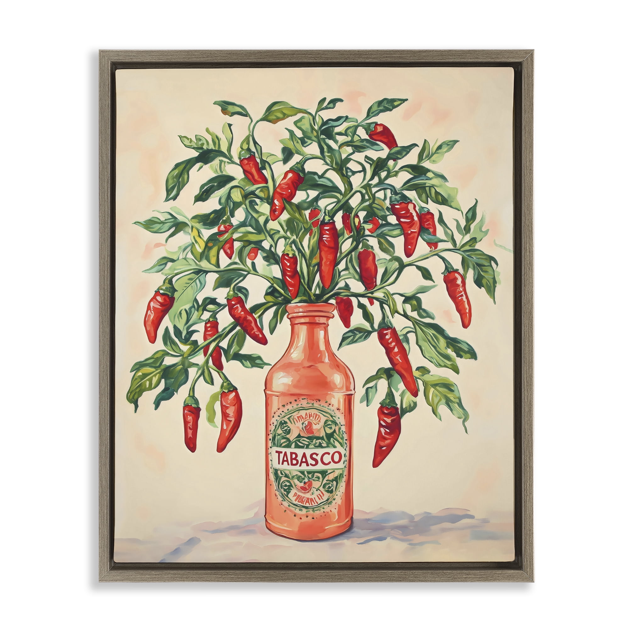 Stupell Industries Chili Peppers in Hot Sauce Vase Brown Framed Floater Canvas Wall Art, design by The Prints Vibe