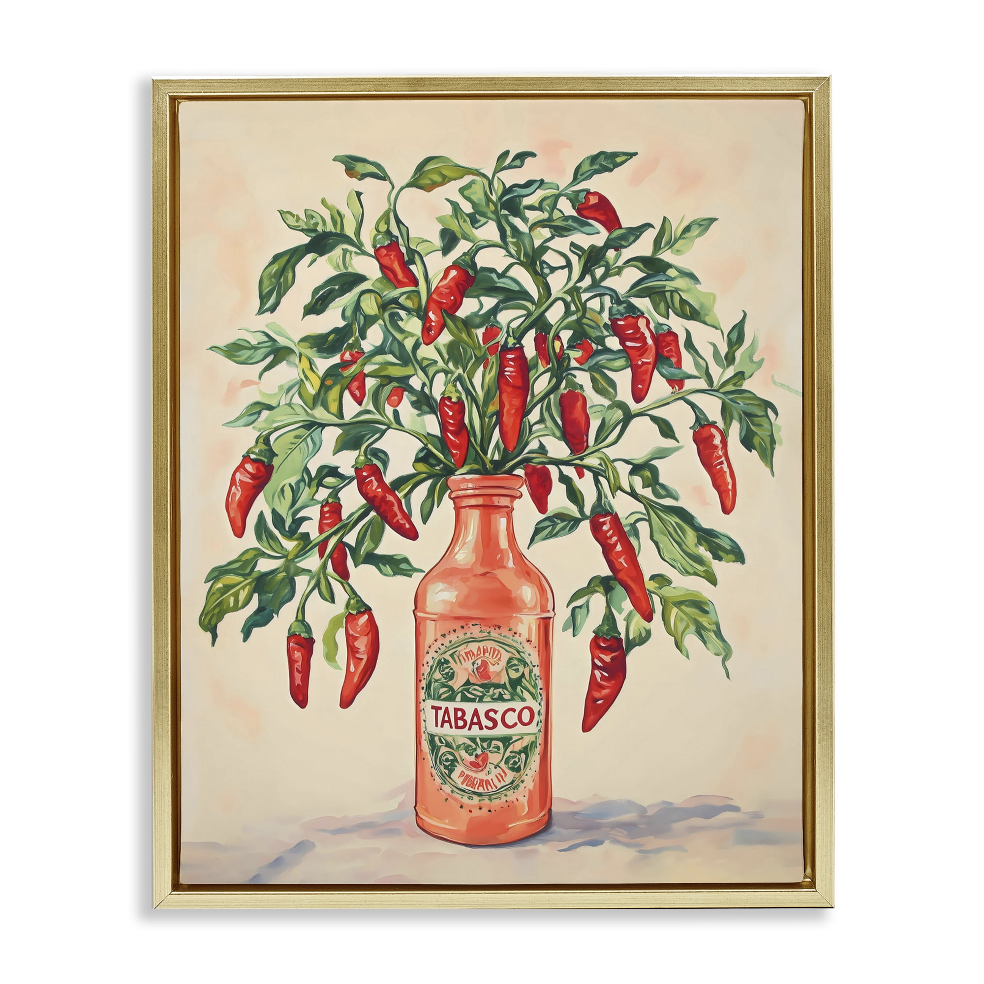 Stupell Industries Chili Peppers in Hot Sauce Vase Gold Framed Floater Canvas Wall Art, design by The Prints Vibe